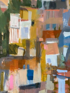 Abstract Hilltop Town Spain Painting, Large Contemporary Mediterranean Landscape