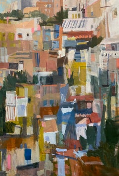 Abstract Hilltop Town Spain Painting, Large Contemporary Mediterranean Landscape