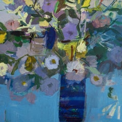 Cheerful Blues Contemporary Abstract Blue Floral Painting on Canvas 24x24 inches