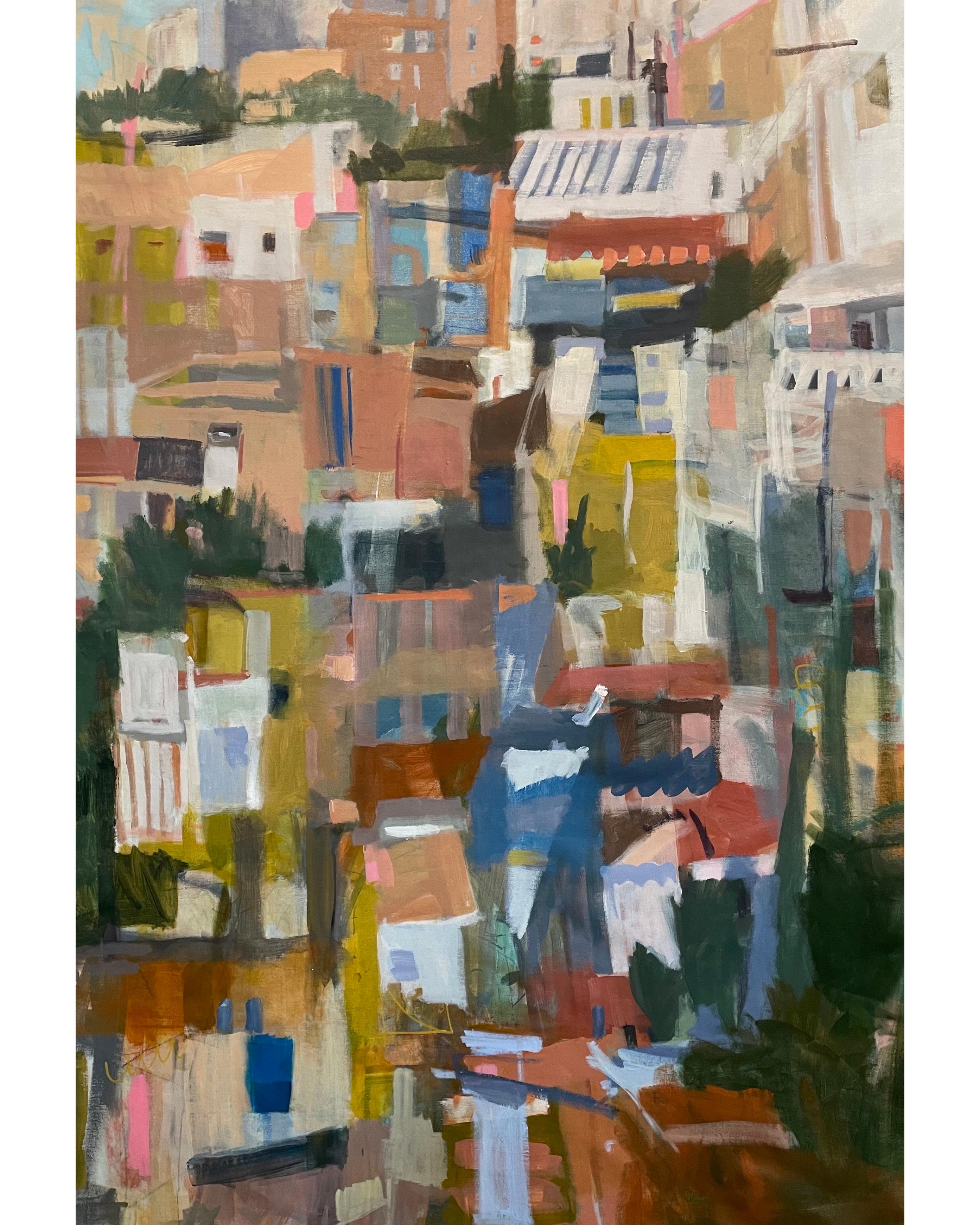 Hilltop Town, Abstract Landscape Painting on Canvas, 2023