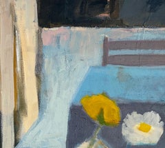 Table with Three Flowers, Contemporary Blue Abstract Floral Still Life Painting