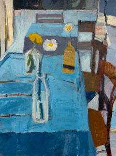 Table with Three Flowers, Contemporary Blue Abstract Floral Still Life Painting
