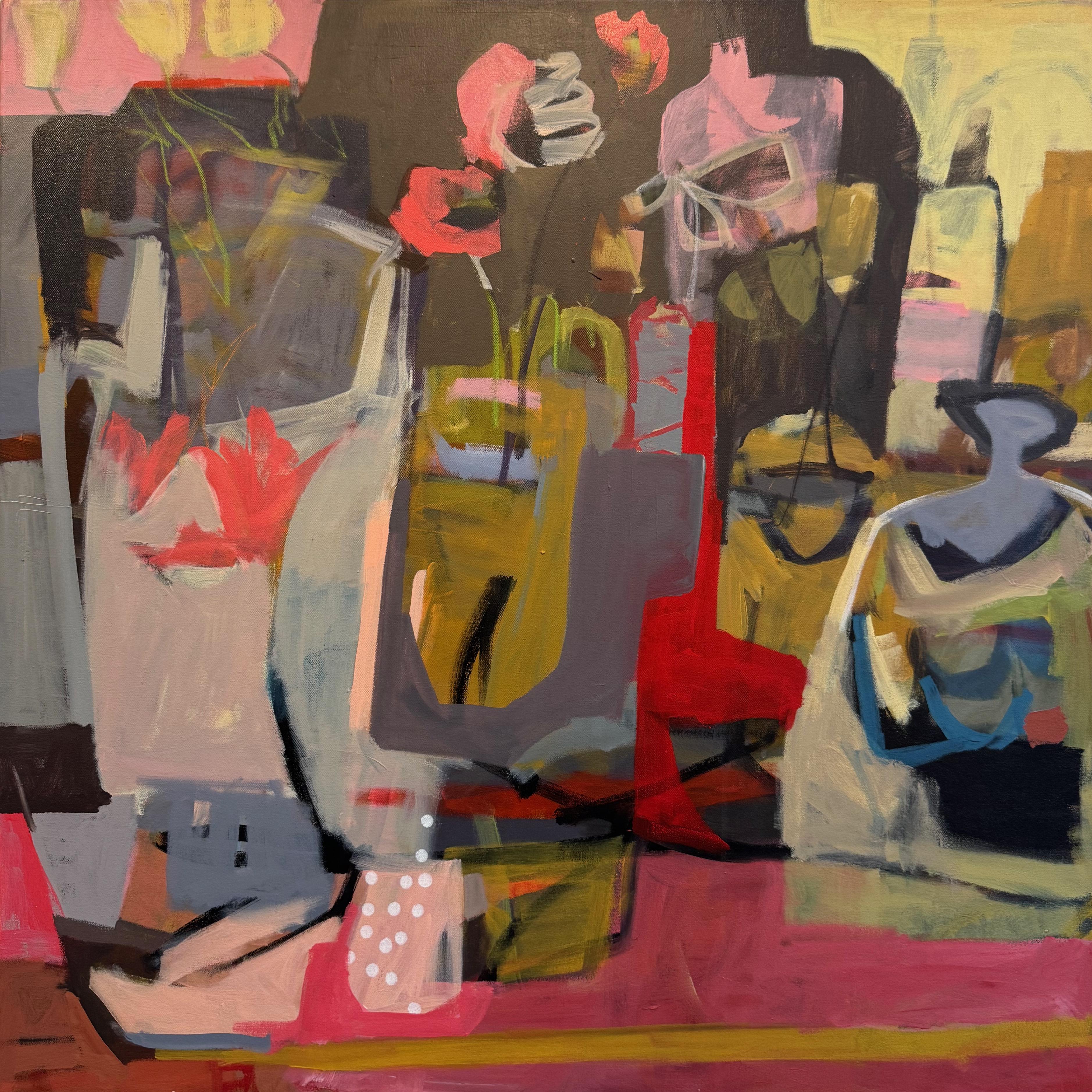 Tischwandteppich, zeitgenössisches abstraktes Stillleben, 40 x 40 Zoll