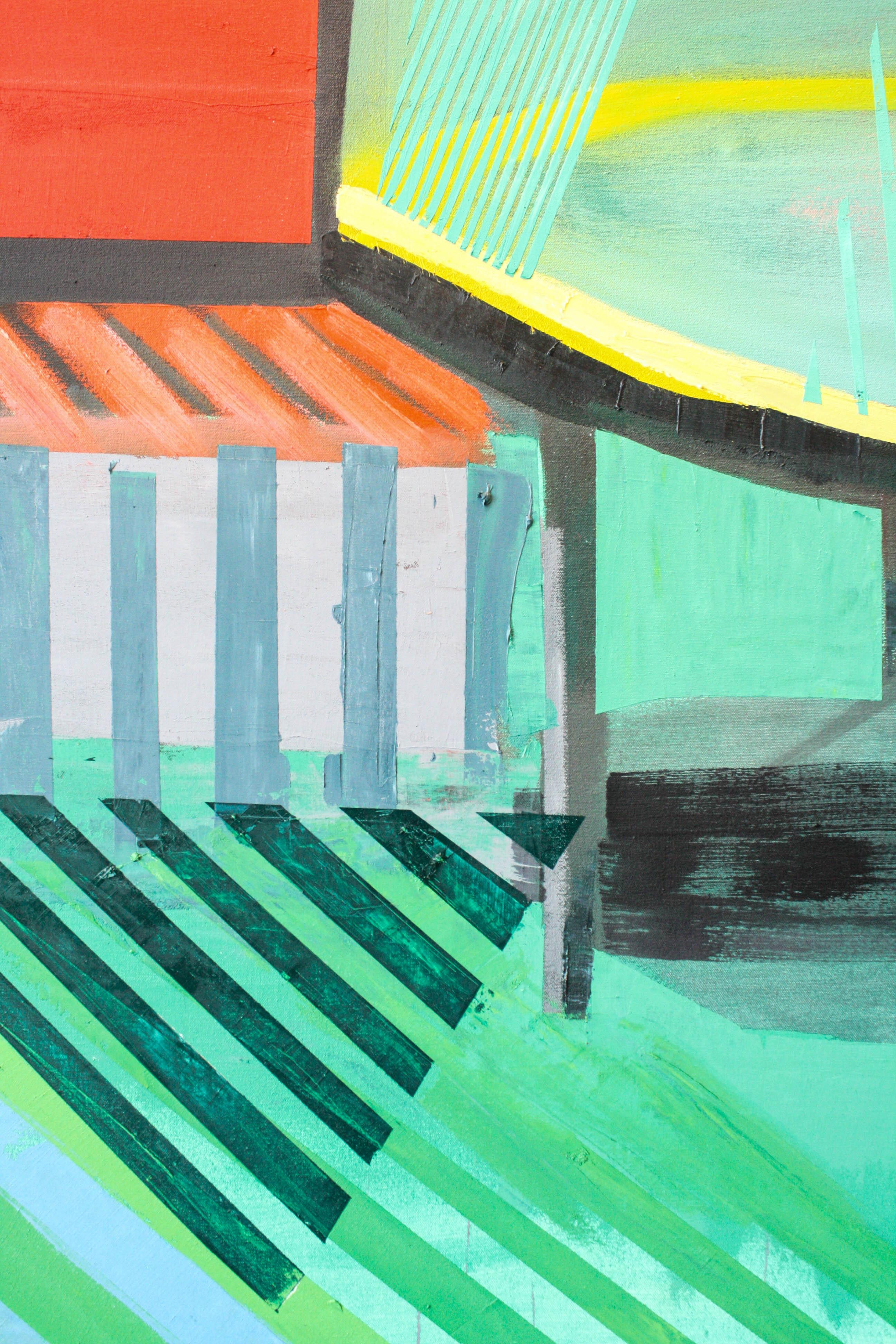 Colorful, abstract and contemporary painting of a exterior space. By Nashville artist, Jodi Hays.