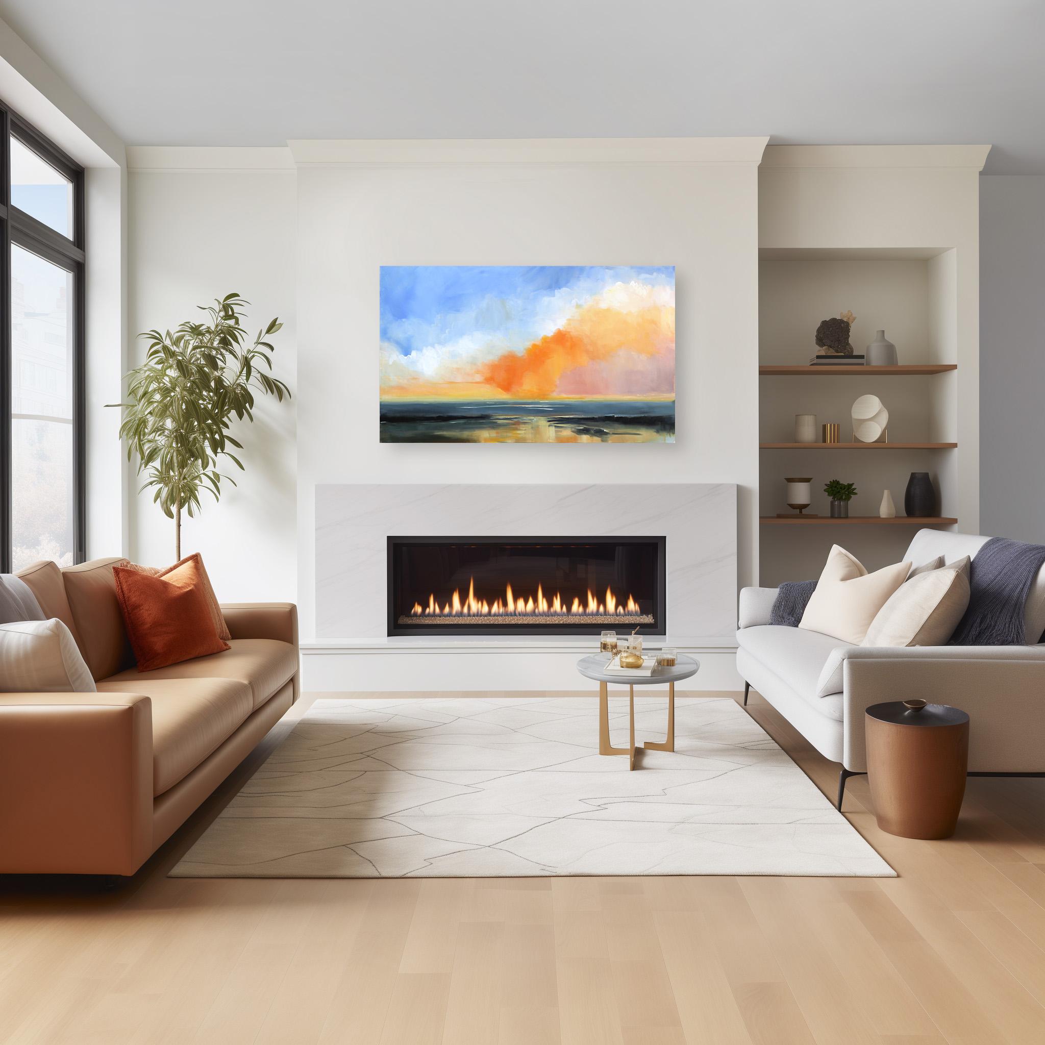 Been There - Large Sunset Vibrant Ocean Landscape Skyscape Painting - Gris Abstract Painting par Jodi Miller