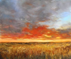 Paisajes rurales: pintura original en técnica mixta sobre lienzo que representa una puesta de sol en el campo