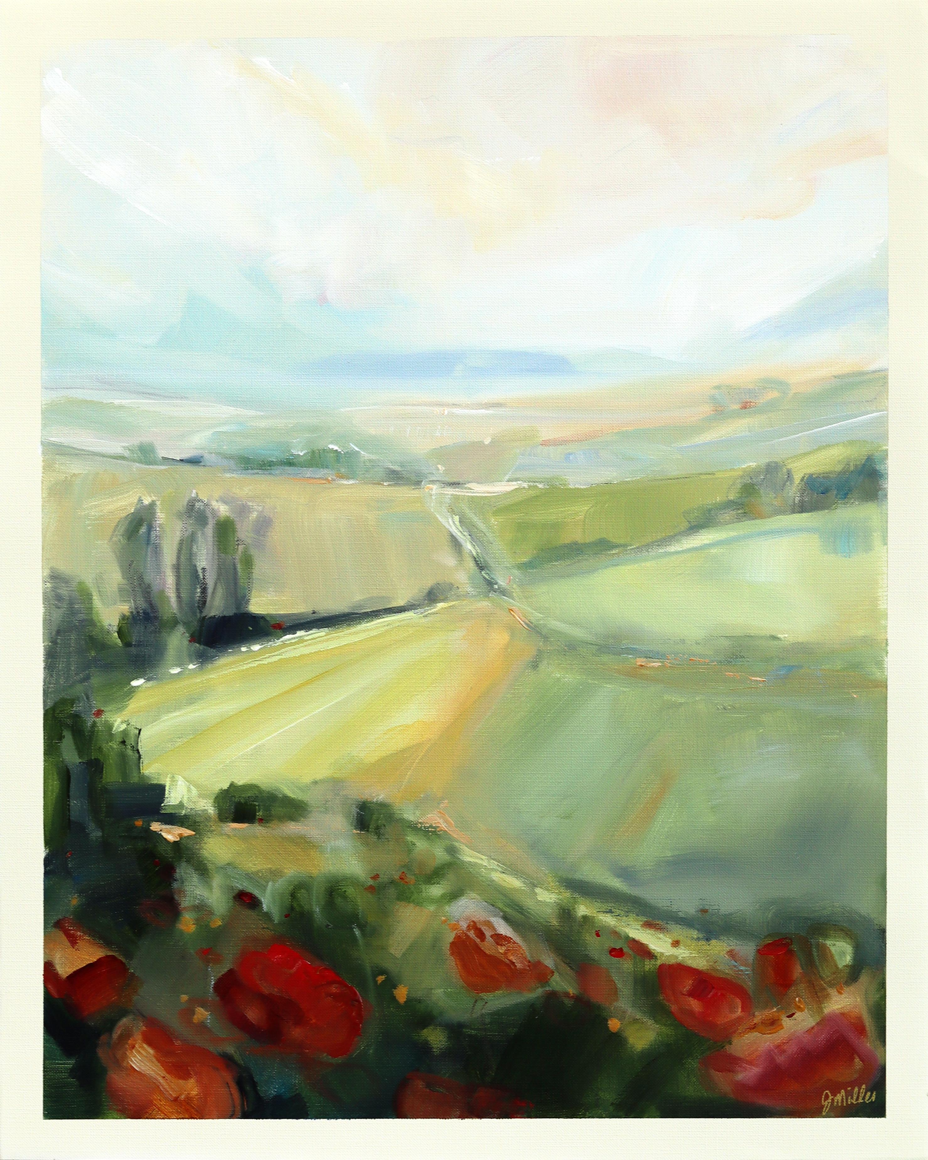 Landschaftsstudie 240 - Farbdurchtränktes hügeliges Gemälde in Mischtechnik auf Leinwand Papier