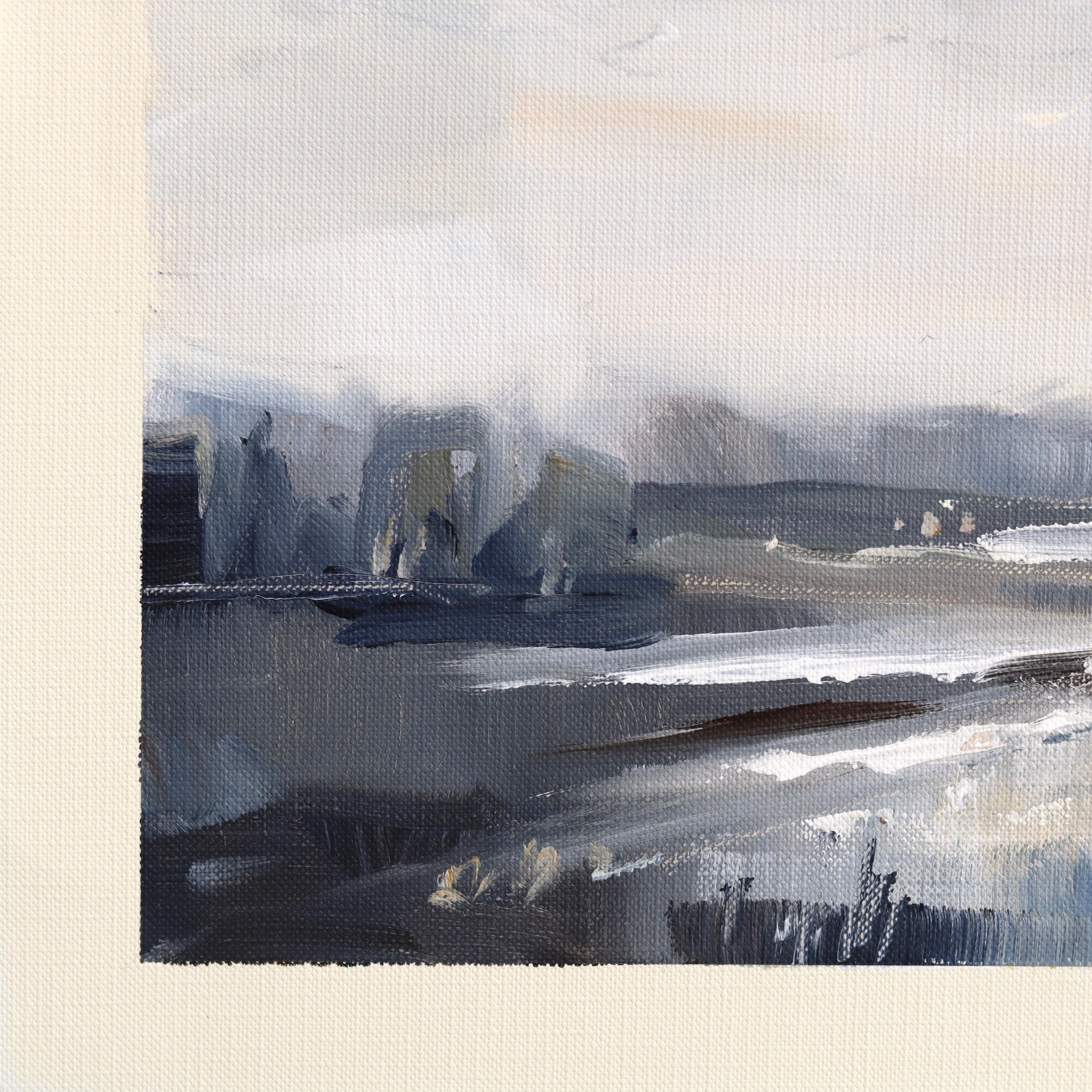 Landschaft Studie 252 - Original Serene Mixed Media Ozean Malerei auf Leinwand Papier (Grau), Still-Life Painting, von Jodi Miller