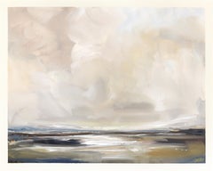 Estudio de paisaje 258 - Pintura original sobre papel de un paisaje oceánico nublado y malhumorado