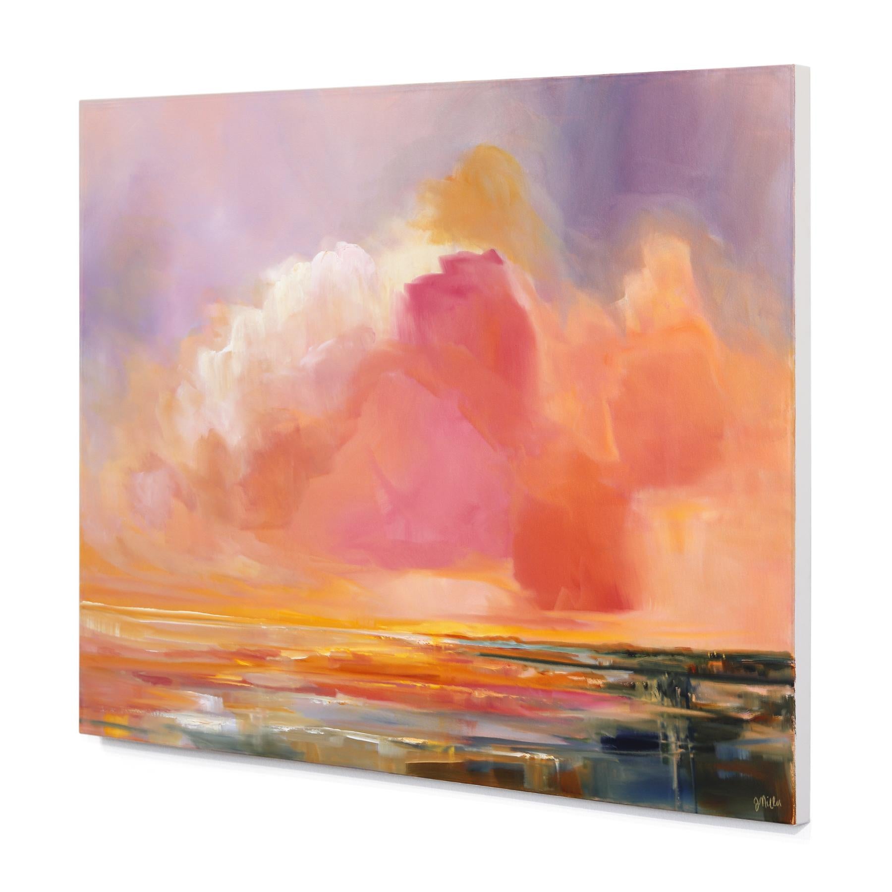 Wenn ich meine Augen schließe - Großes lebhaftes rosa Sonnenuntergang Landschaft Himmelslandschaft Gemälde (Beige), Abstract Painting, von Jodi Miller