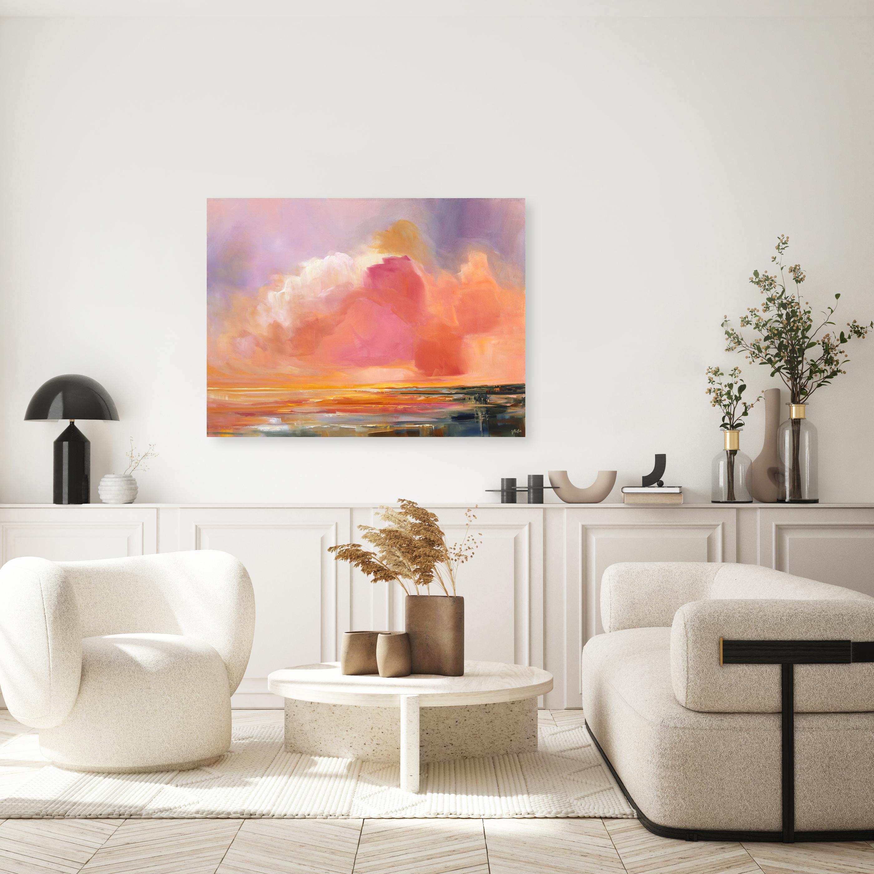 Wenn ich meine Augen schließe - Großes lebhaftes rosa Sonnenuntergang Landschaft Himmelslandschaft Gemälde im Angebot 1