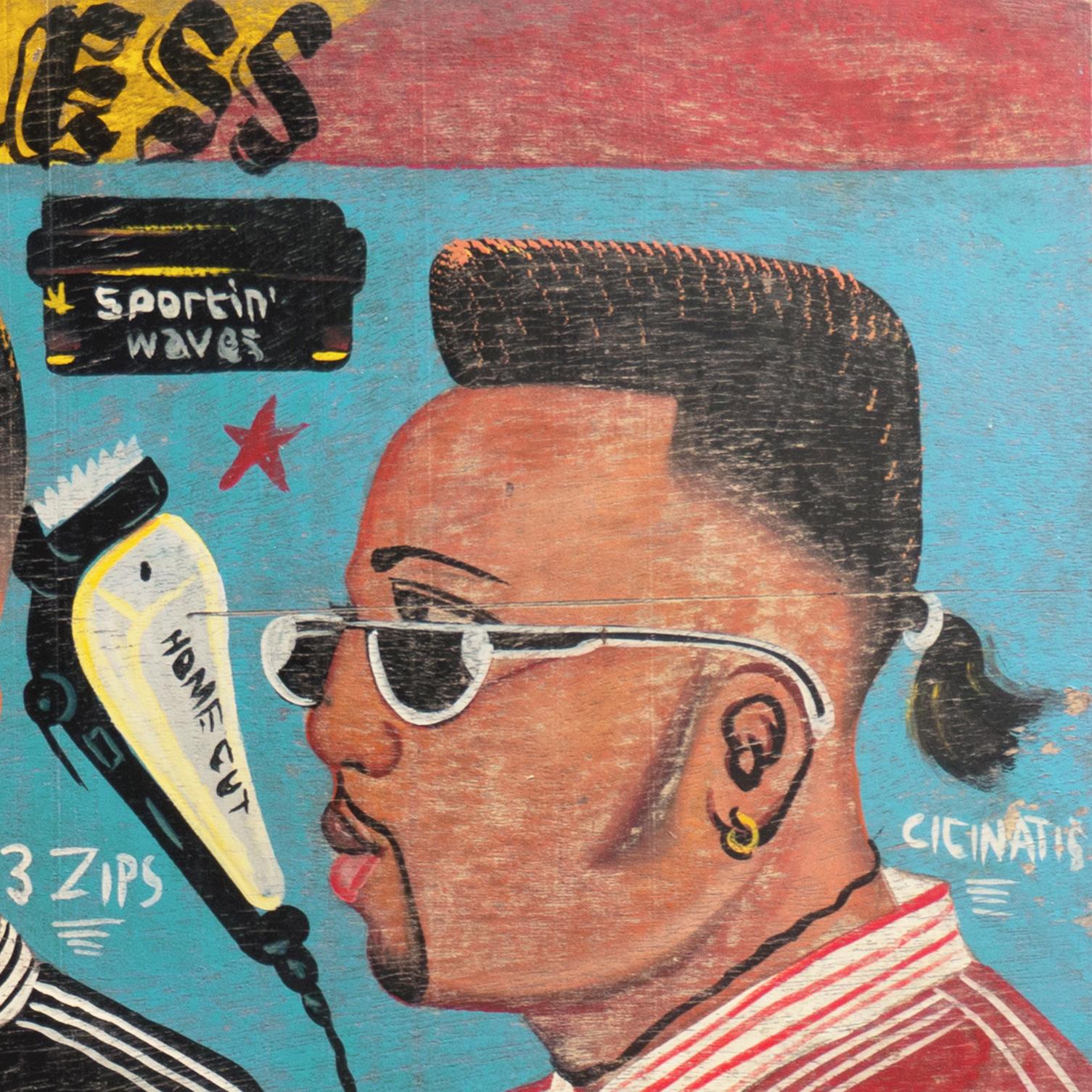 'Barbershop Designs', Kumasi, Accra, Ghana, Jah Bless, African Hair Styles, Folk - Painting by Joe Addai