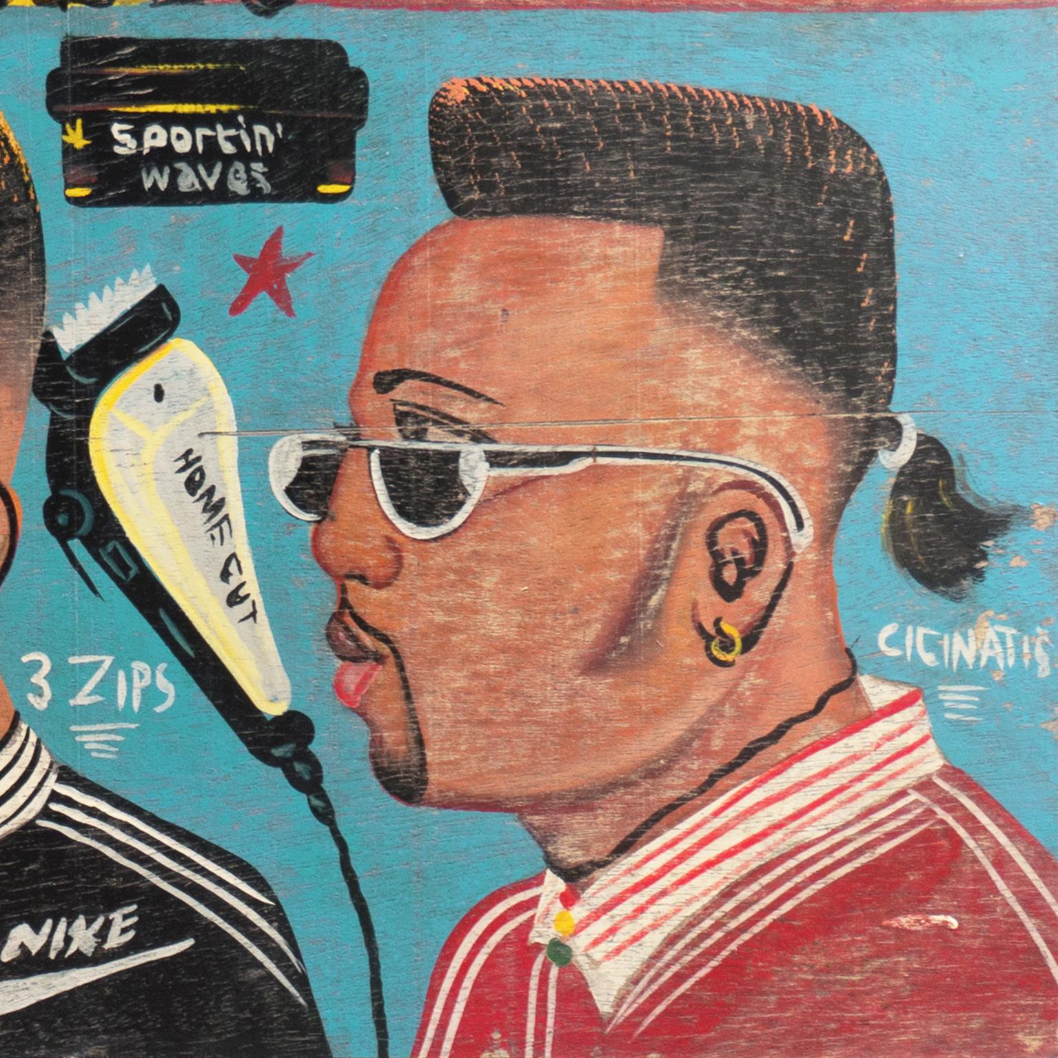 A whimsical and unique, Ghanaian barbershop haircut board signed, upper left, 'Joe Addai' (Ghanaian, 20th century), inscribed 'City Boy Artworks, Kumasi' and painted circa 1995. 

A compelling piece of contemporary African Folk Art, painted on