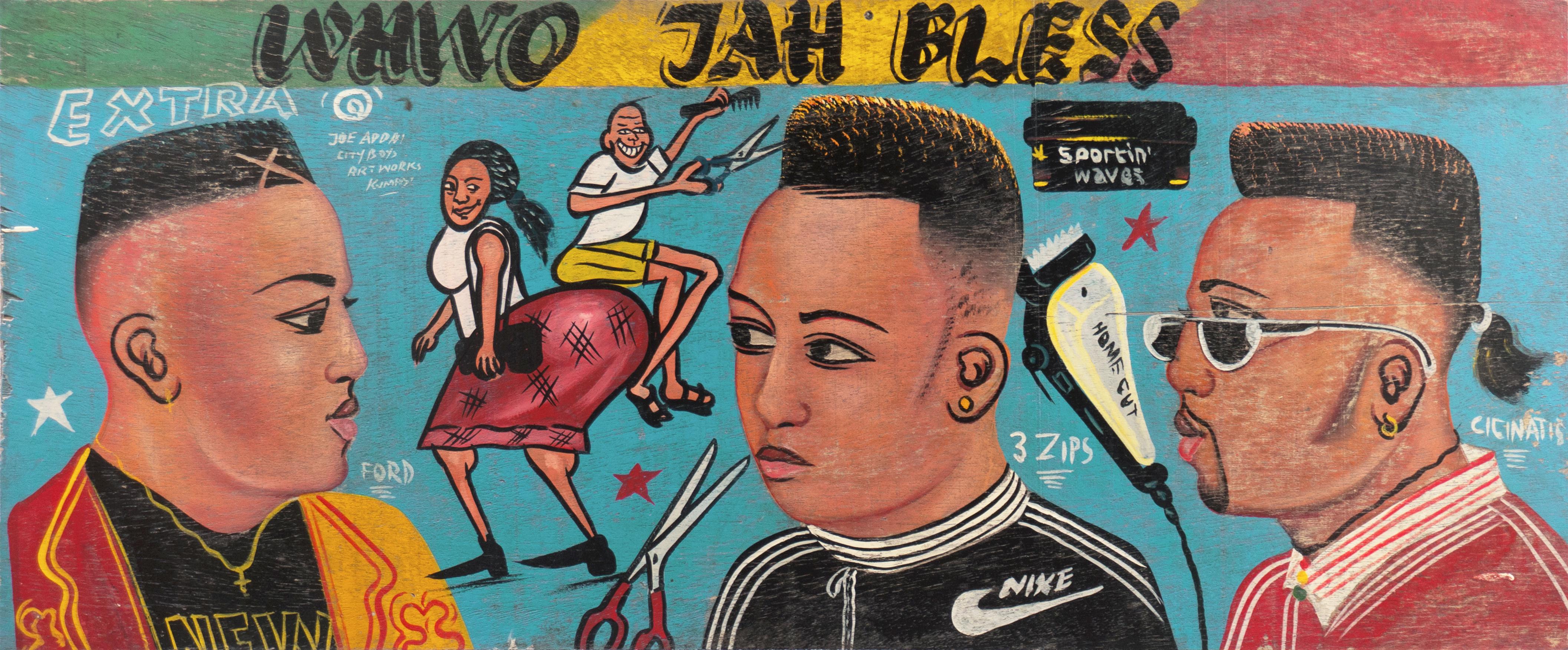 Joe Addai Figurative Painting - 'Barbershop Designs', Kumasi, Accra, Ghana, Jah Bless, African Hair Styles, Folk