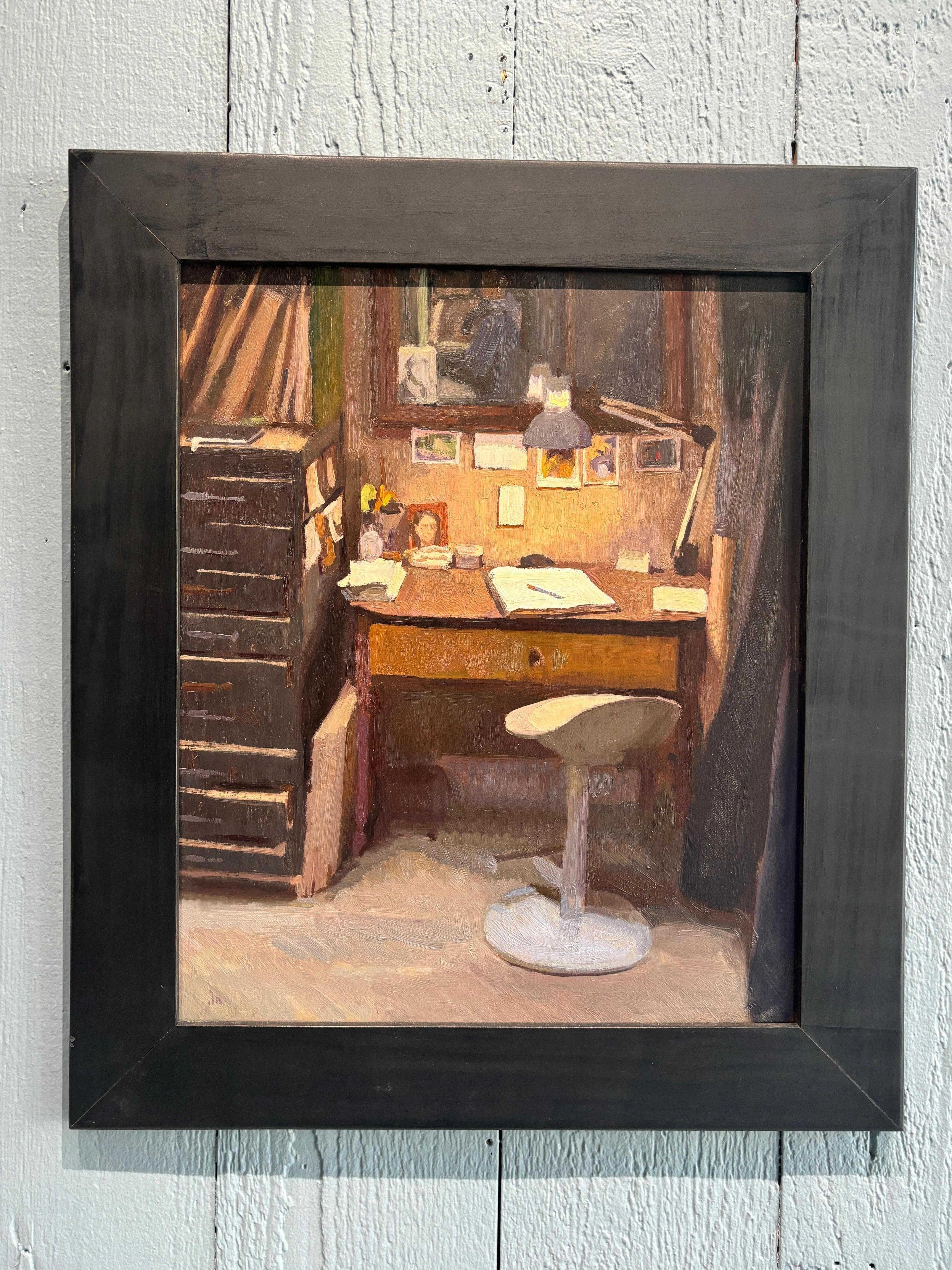 Postmodernes Ölgemälde „Aina's Desk“ Postmodernes Ölgemälde, Schreibtisch mit notebook darauf und Stuhl – Painting von Joe Altwer