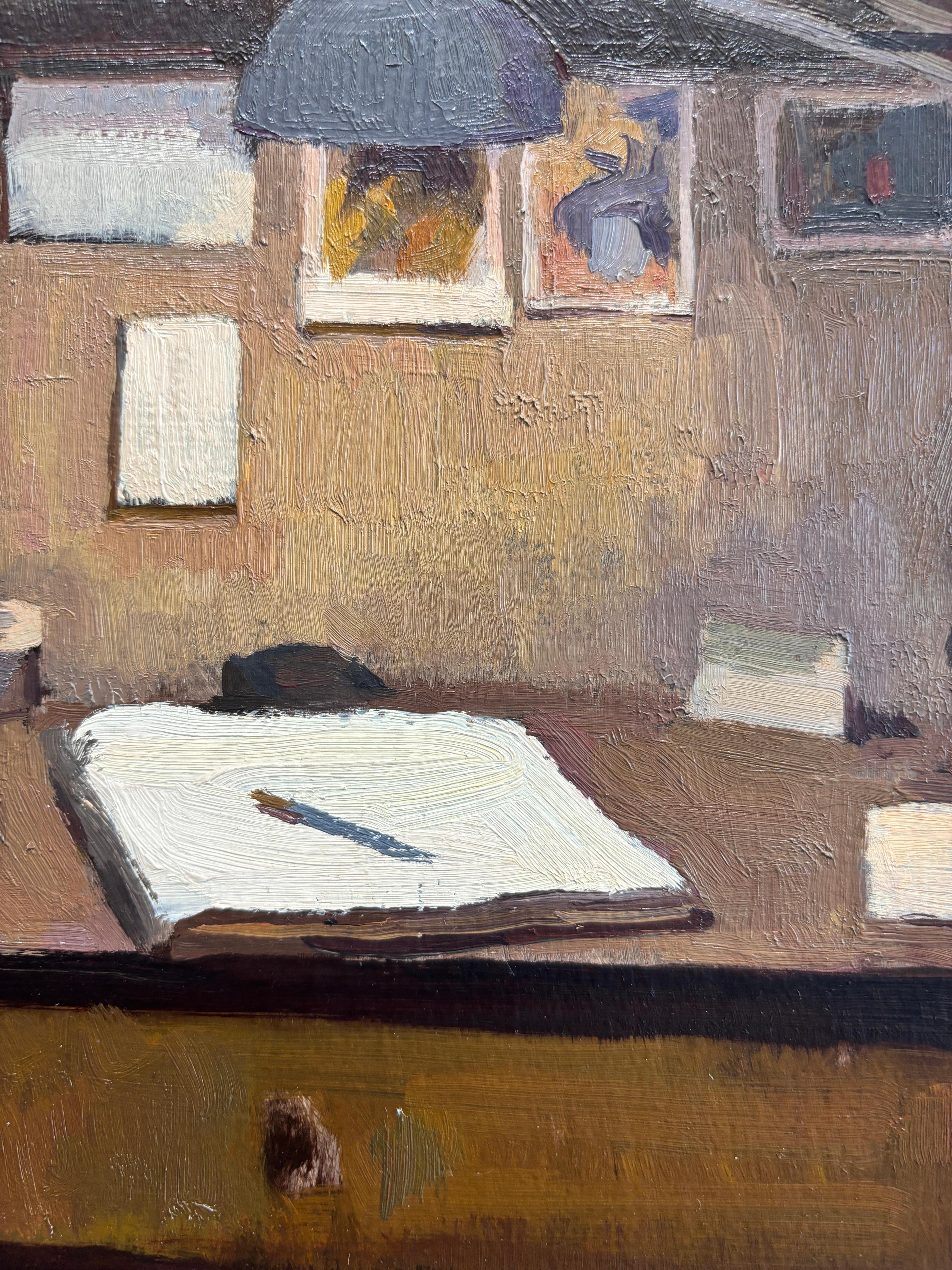Postmodernes Ölgemälde „Aina's Desk“ Postmodernes Ölgemälde, Schreibtisch mit notebook darauf und Stuhl im Angebot 1
