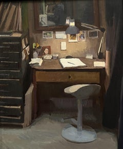 "Aina's Desk" Post Modern oil painting, desk with notebook on it and chair