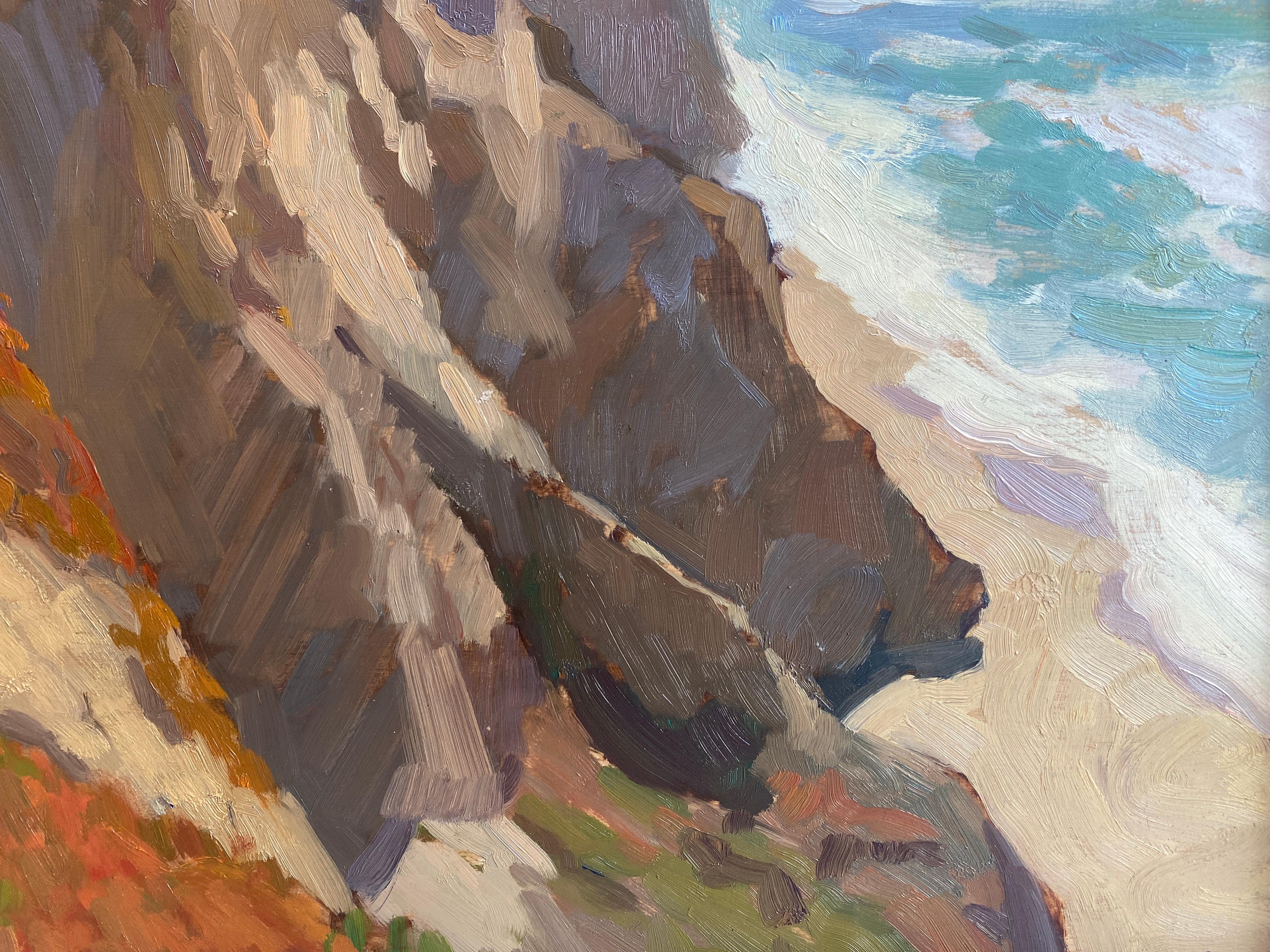 An oil painting on the cliffs off of Moss Beach, California. Painted en plein air, Altwer embraces the elements of wind, sunlight, at heat as he 'sight-sizes' his subject and applies paint to the canvas. Altwer uses classical painting techniques as
