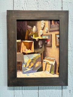 "Studio Corner" Realist oil painting, corner of art studio with paintings