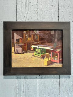 "Sunlight in the Shop" Post Modern oil painting, sunbeams on a humble woodshop