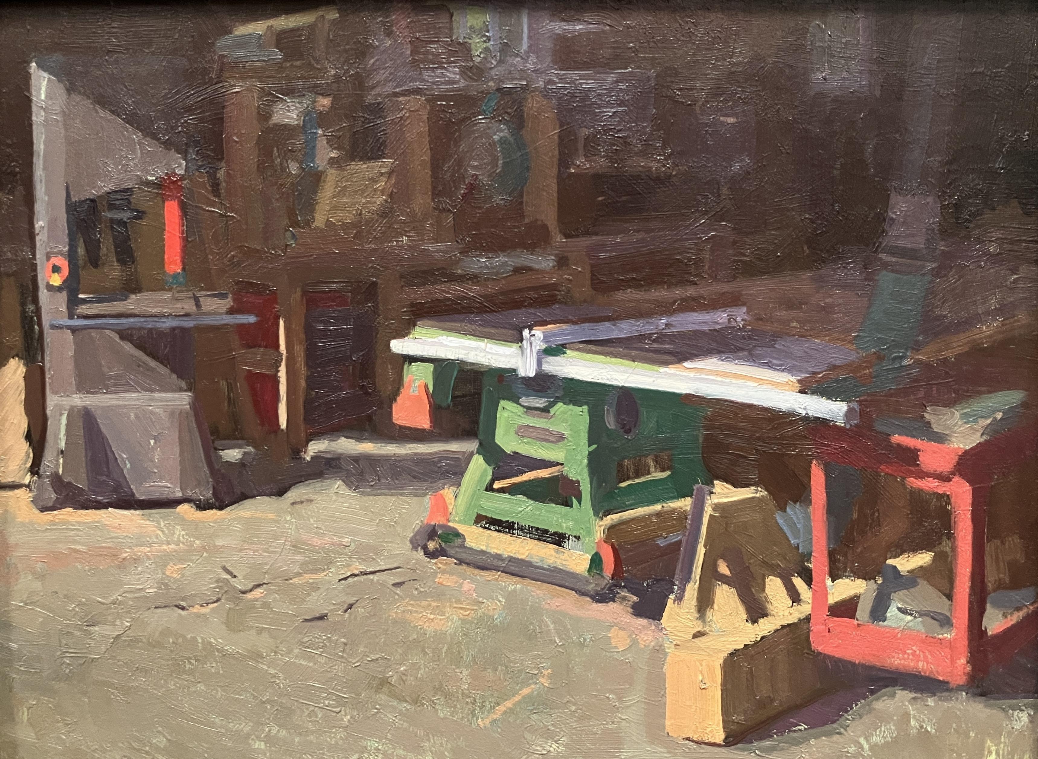 Joe Altwer Interior Painting - "Sunlight in the Shop" Post Modern oil painting, sunbeams on a humble woodshop