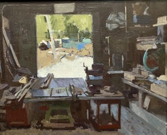 "The Barn" Post Modern oil painting, Inside of barn and view of outside