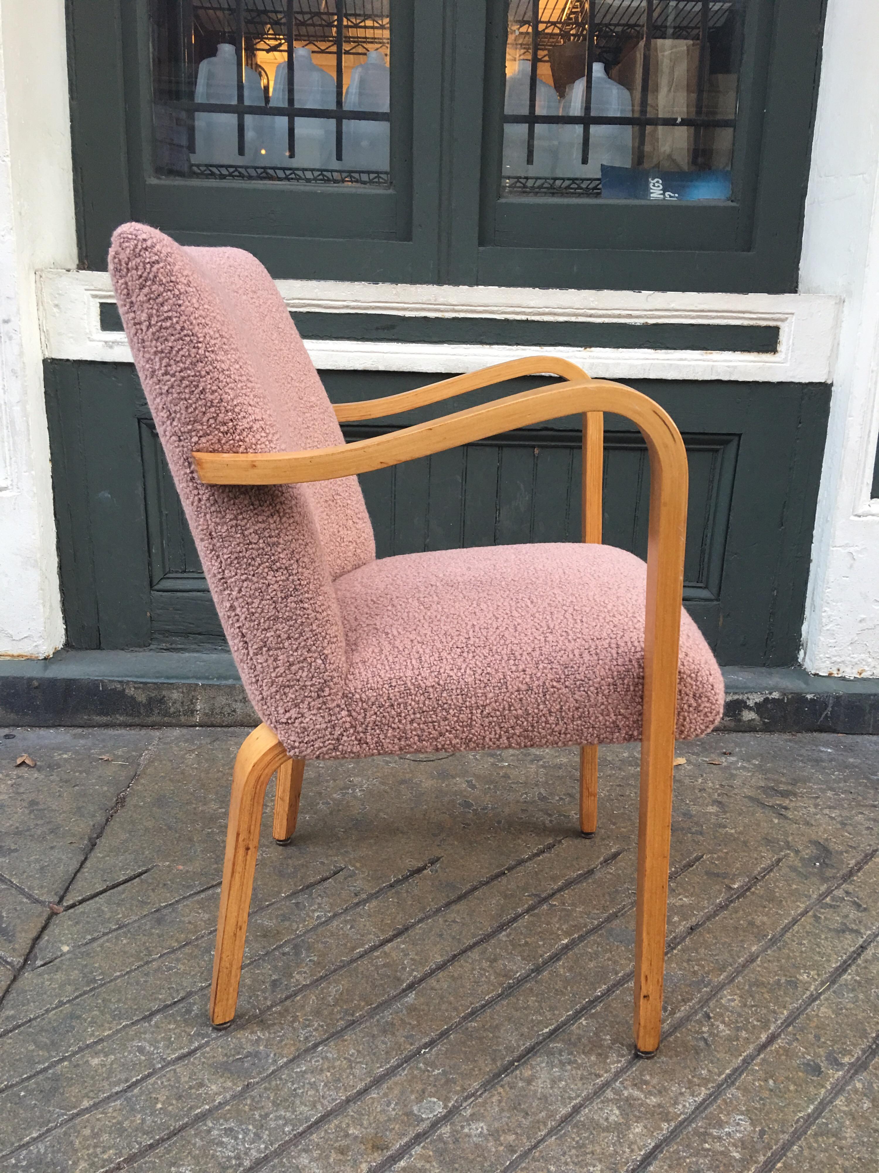 Joe Atkinson for Thonet 1950s newly upholstered armchair. Great small scale, and very comfortable! Redone in a nubby fleshy pink vintage fabric.