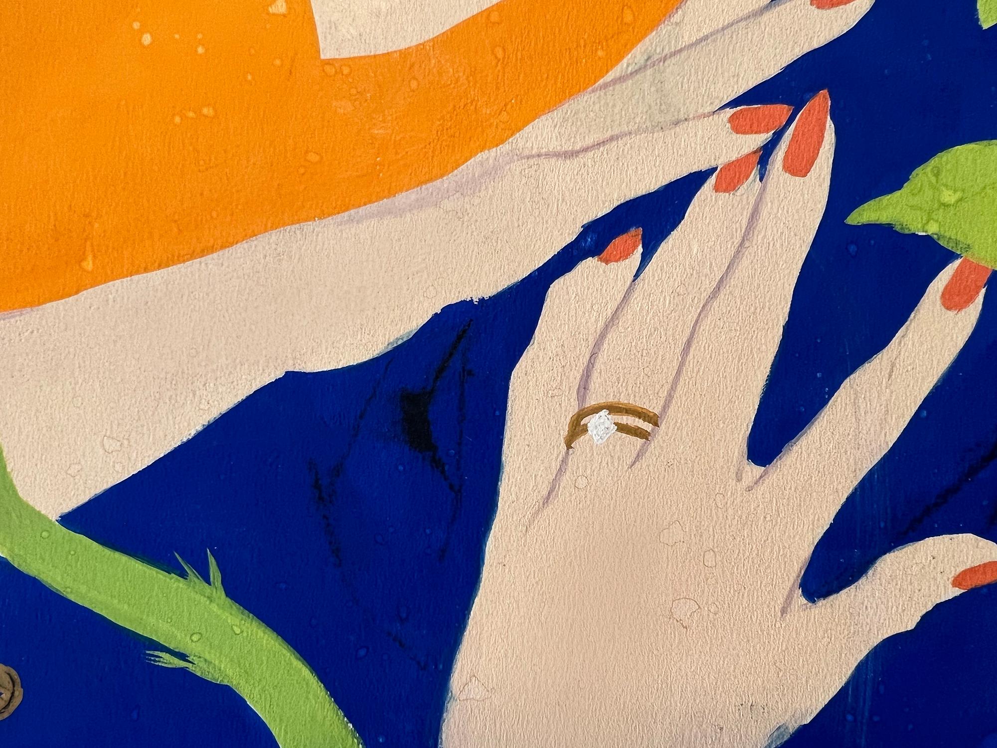 Un uomo affascinante e una bella donna sono raffigurati in una posa estasiante.  I loro corpi sono intrecciati tra loro e con gli elementi floreali circostanti. Questa illustrazione, magistralmente resa e disegnata, sembra creata senza sforzo. Il