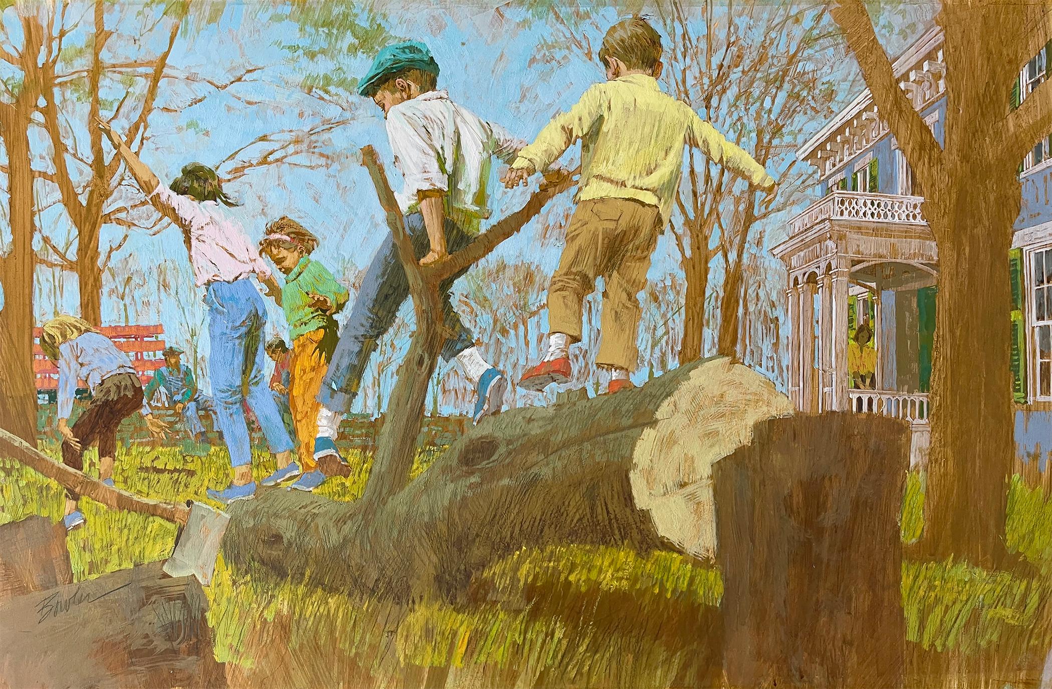 The Tree Cutters - Children Playing on a Fallen Tree - Saturday Evening Post? - Brown Figurative Painting by Joe Bowler