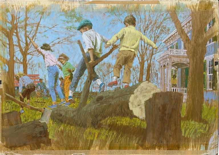 The Tree Cutters - Children Playing on a Fallen Tree - Saturday Evening Post? For Sale 3