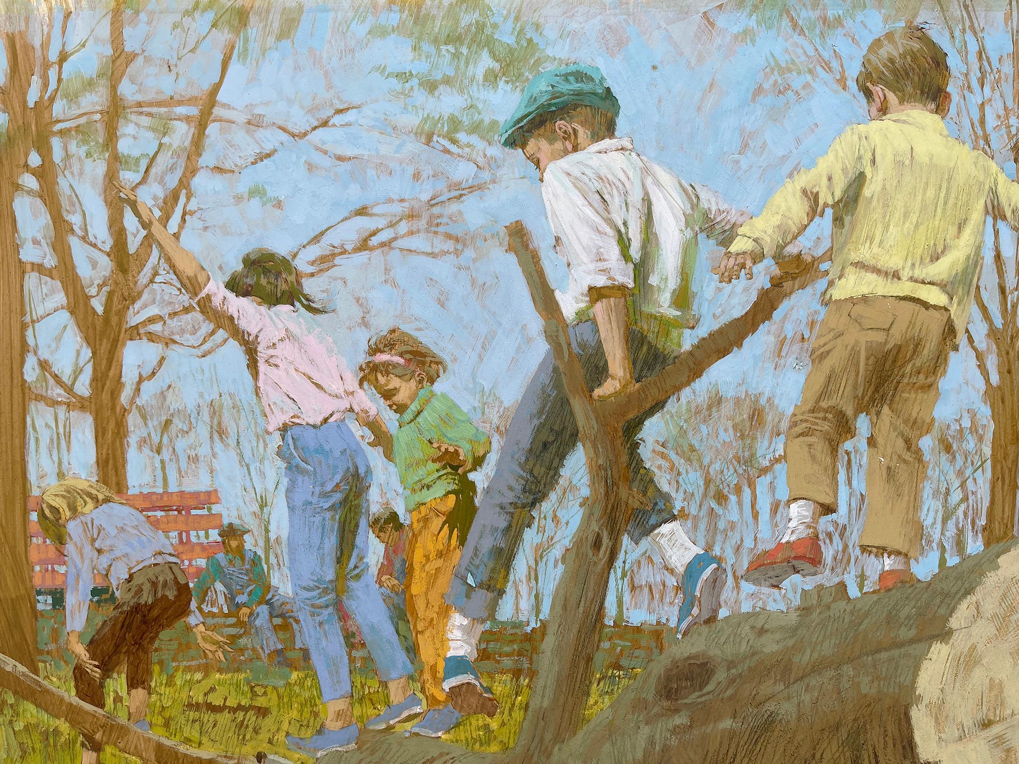 The Tree Cutters - Children Playing on a Fallen Tree - Saturday Evening Post? For Sale 5