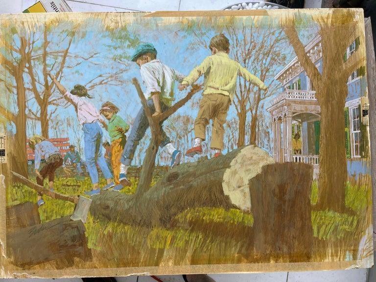 The Tree Cutters - Children Playing on a Fallen Tree - Saturday Evening Post? - Painting by Joe Bowler