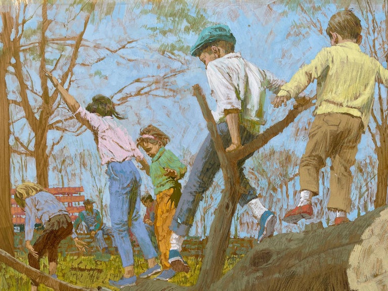 The Tree Cutters - Children Playing on a Fallen Tree - Saturday Evening Post? - Post-Impressionist Painting by Joe Bowler