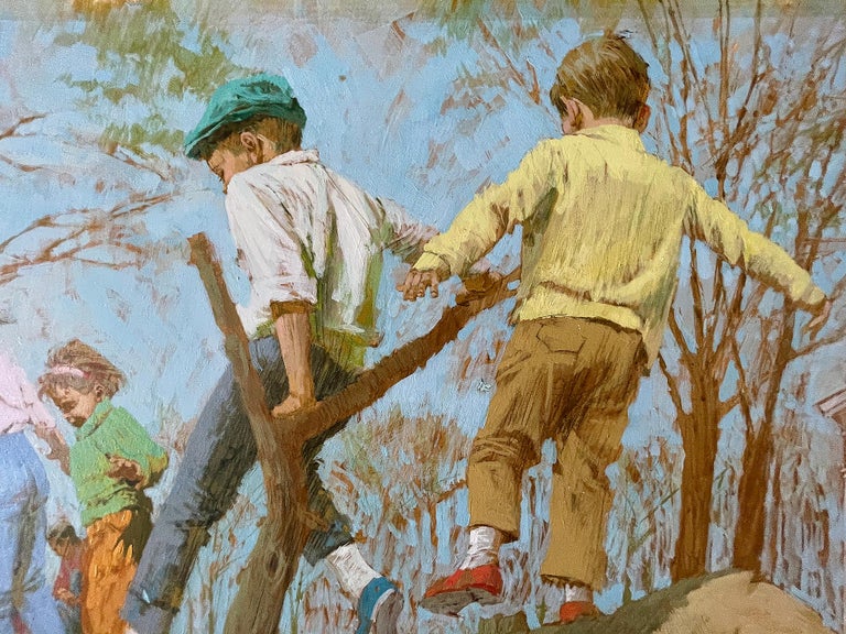 The Tree Cutters - Children Playing on a Fallen Tree - Saturday Evening Post? - Brown Figurative Painting by Joe Bowler