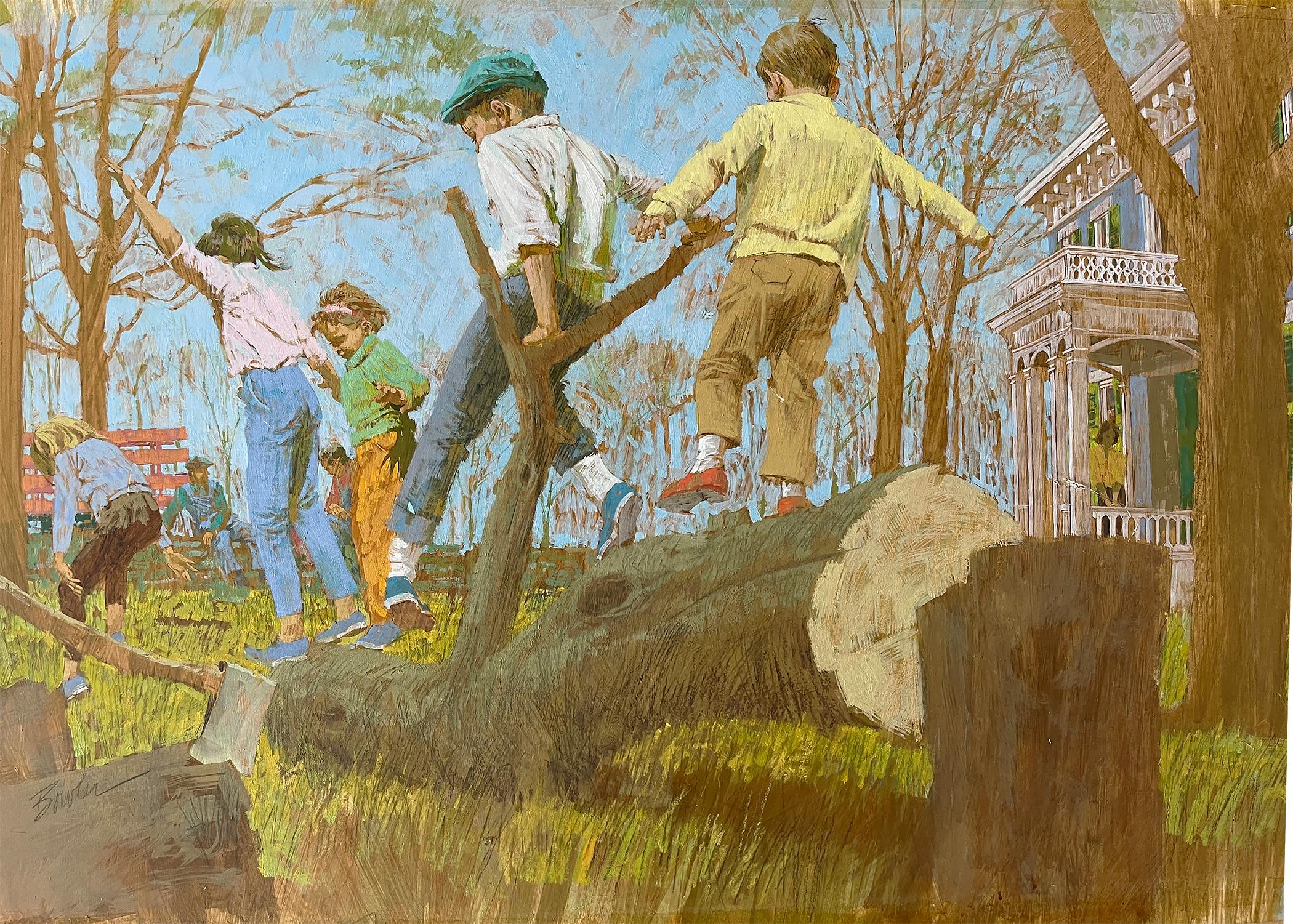 The Tree Cutters - Children Playing on a Fallen Tree - Saturday Evening Post? - Post-Impressionist Painting by Joe Bowler