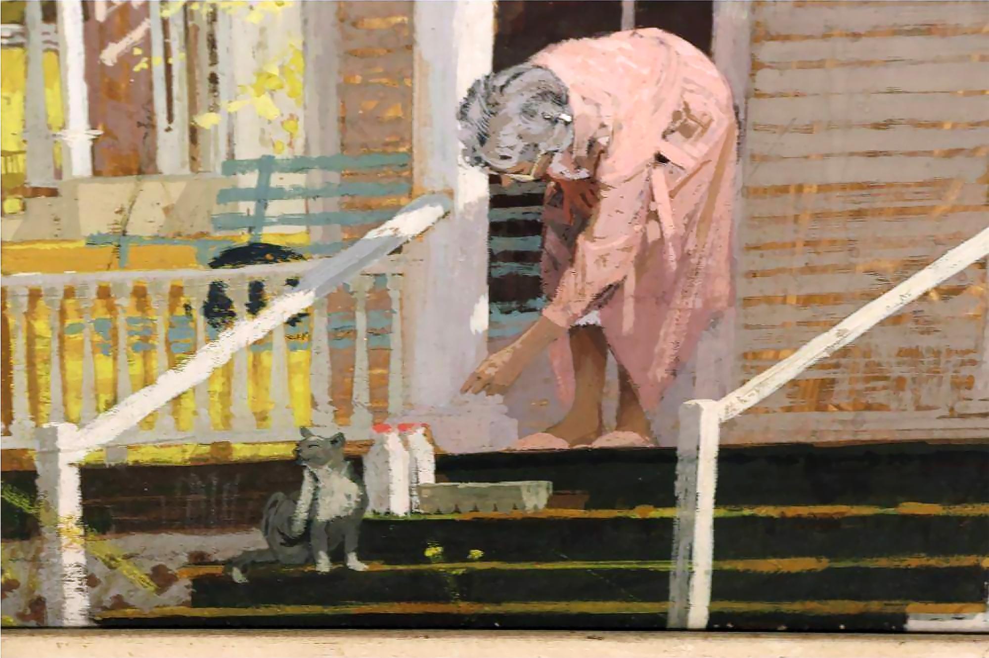 Woman on Porch Feed Her Cats at Early Morning, Mid Century  - Painting by Joe Bowler
