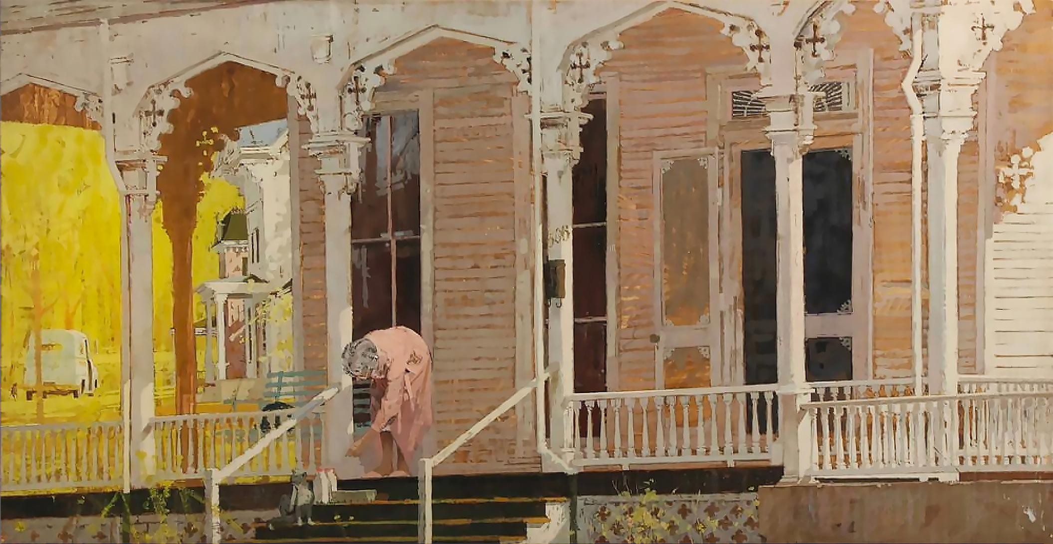 Joe Bowler Figurative Painting - Woman on Porch Feed Her Cats at Early Morning, Mid Century 