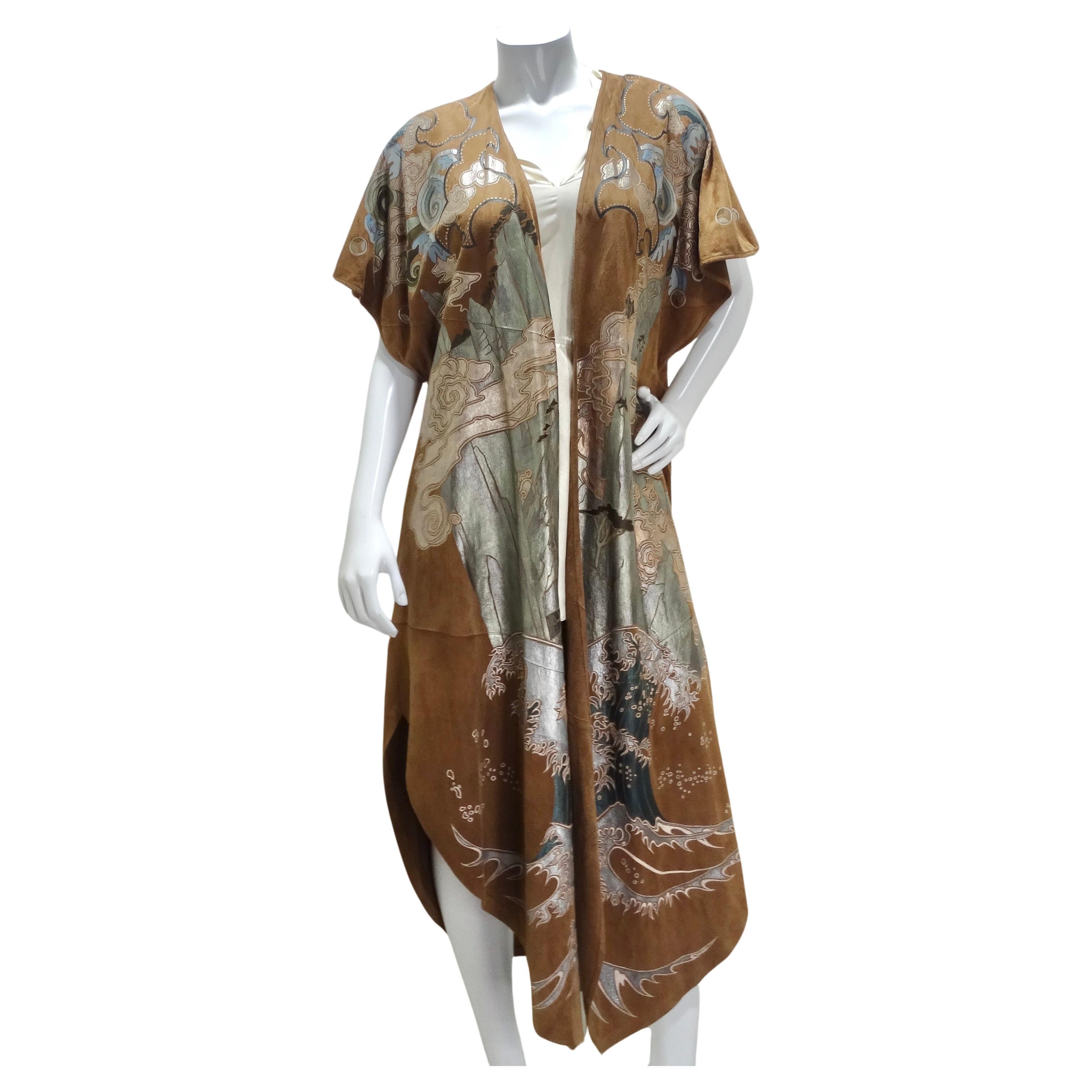 Joe Brand 1980s Hand Painted Suede Short Sleeve Duster For Sale