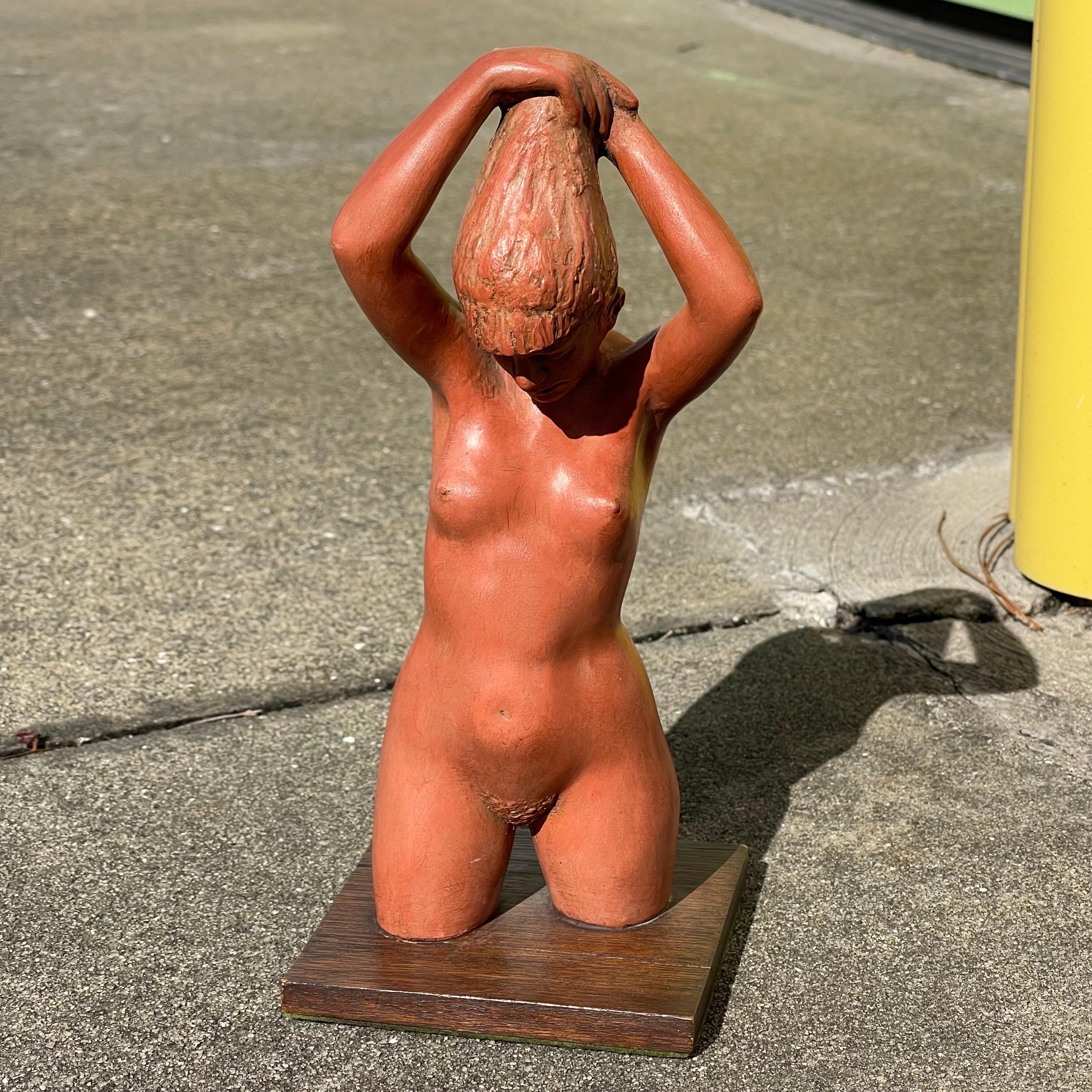 Striking figurative nude sculpture by Joe Brown. A bit of an anomaly, Brown served as professor of sculpture and boxing coach at Princeton. Usually known for his sports sculptures, this sweet example shows a more tender side of his work.