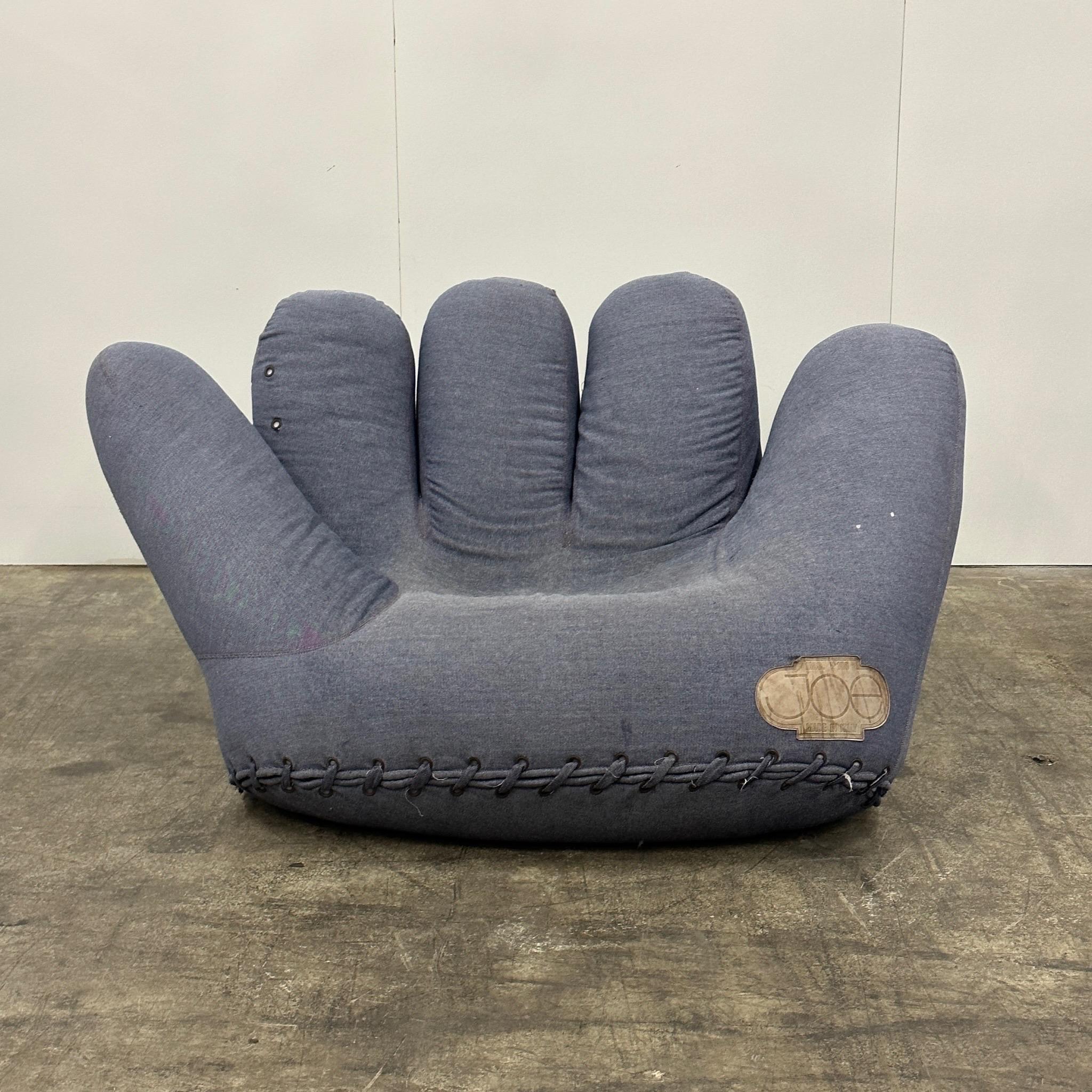 c. 1980s. Upholstered in original denim fabric. Signed on leather patch. Made in Italy.