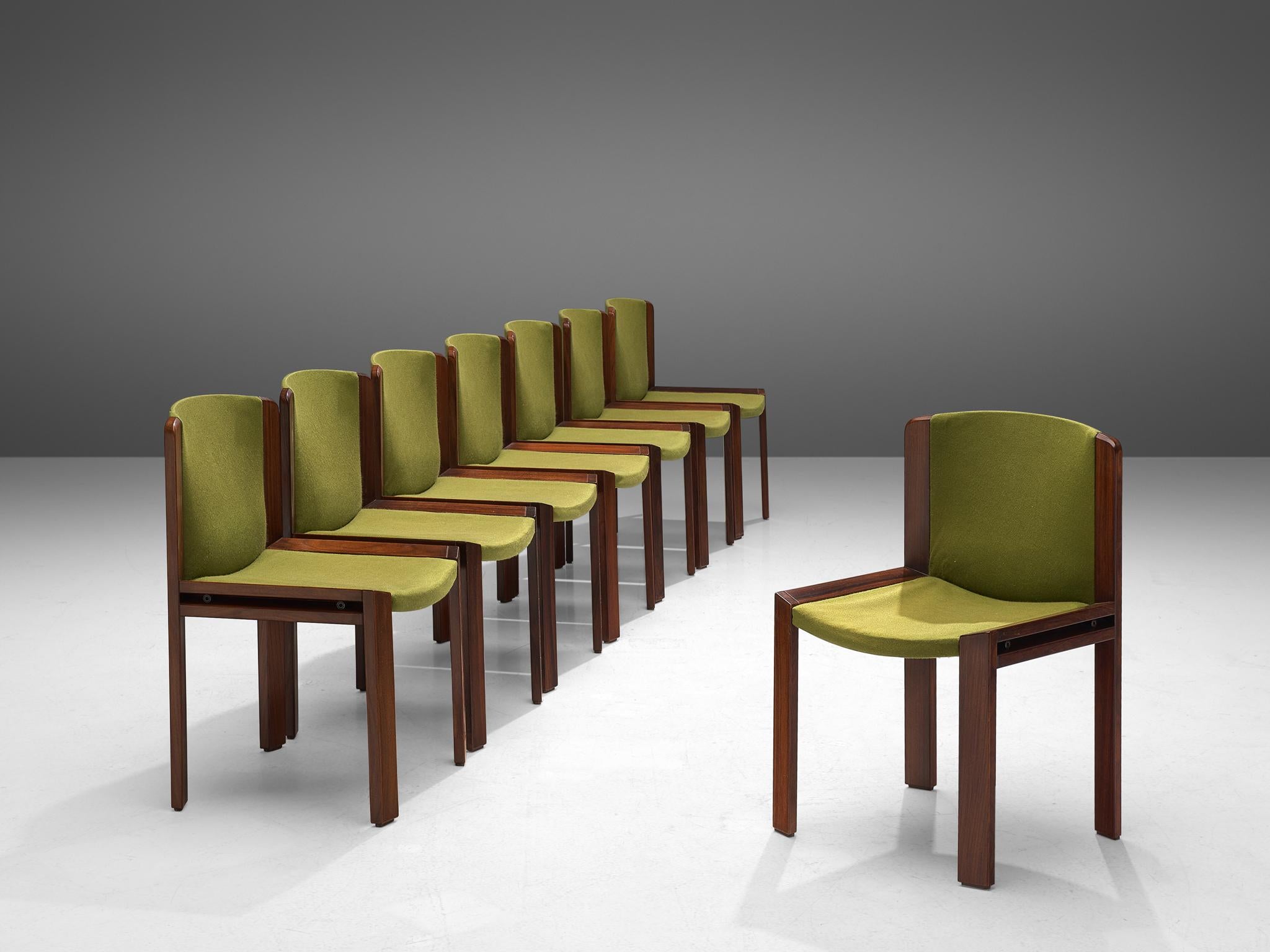Joe Colombo for Pozzi, set of 8 dining chairs model '300', fabric and rosewood, Italy, 1966.

Functionalist set of dining chairs is designed by Joe Colombo in 1966. His fascination with functionality meant he always focused on the user, which lead