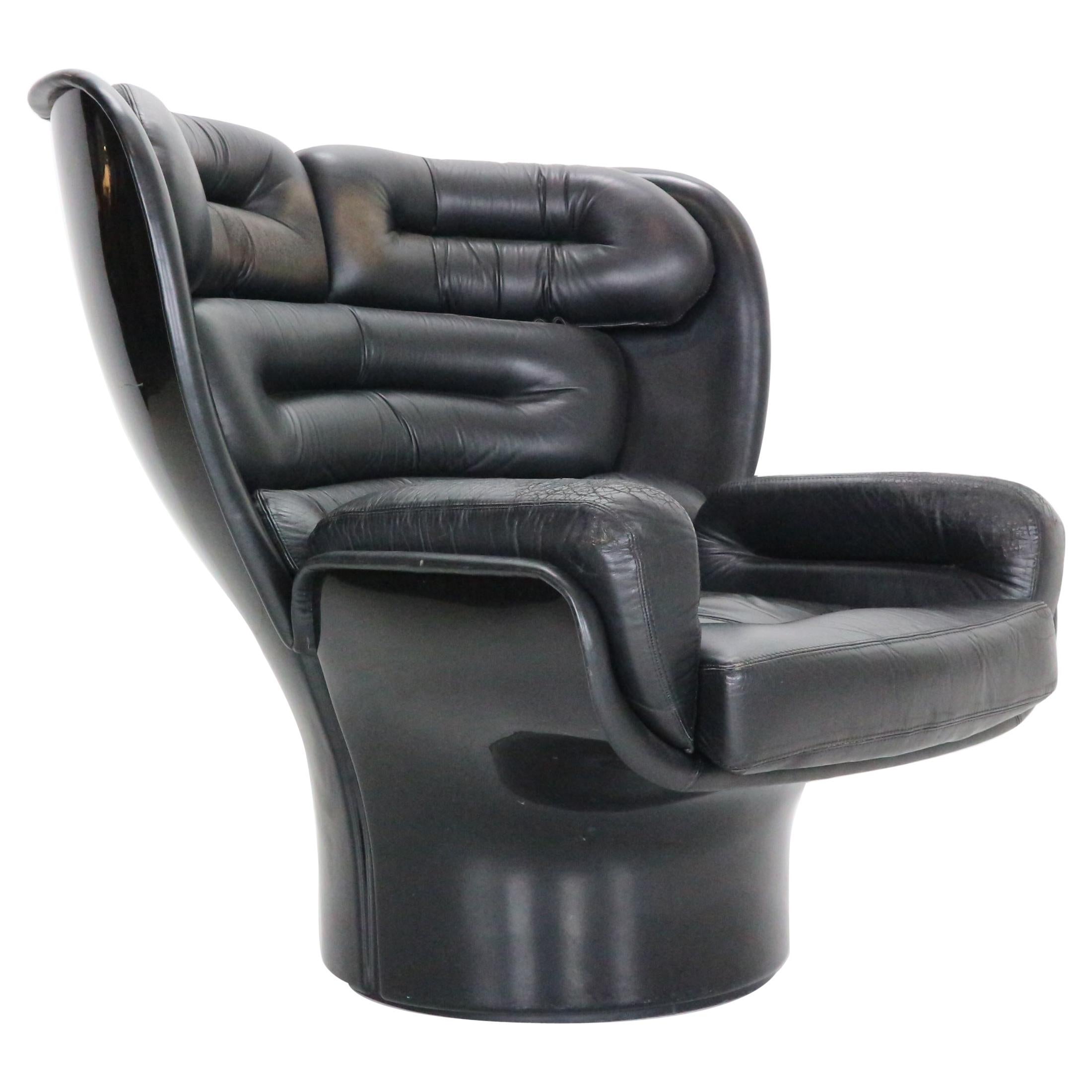 Joe Colombo Black Leather "Elda" Swival Lounge Chair for Comfort, Italy, 1960s