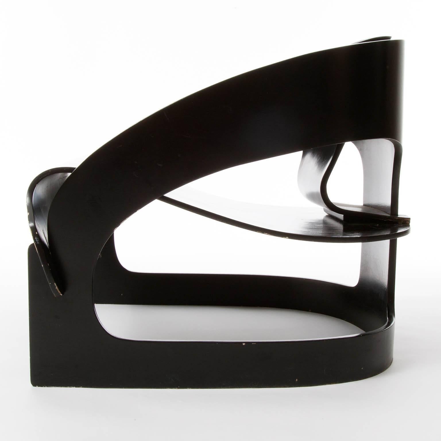 Mid-Century Modern Joe Colombo Chair No. 4801, Black Plywood, Kartell, Italy, 1960s, One of Two For Sale