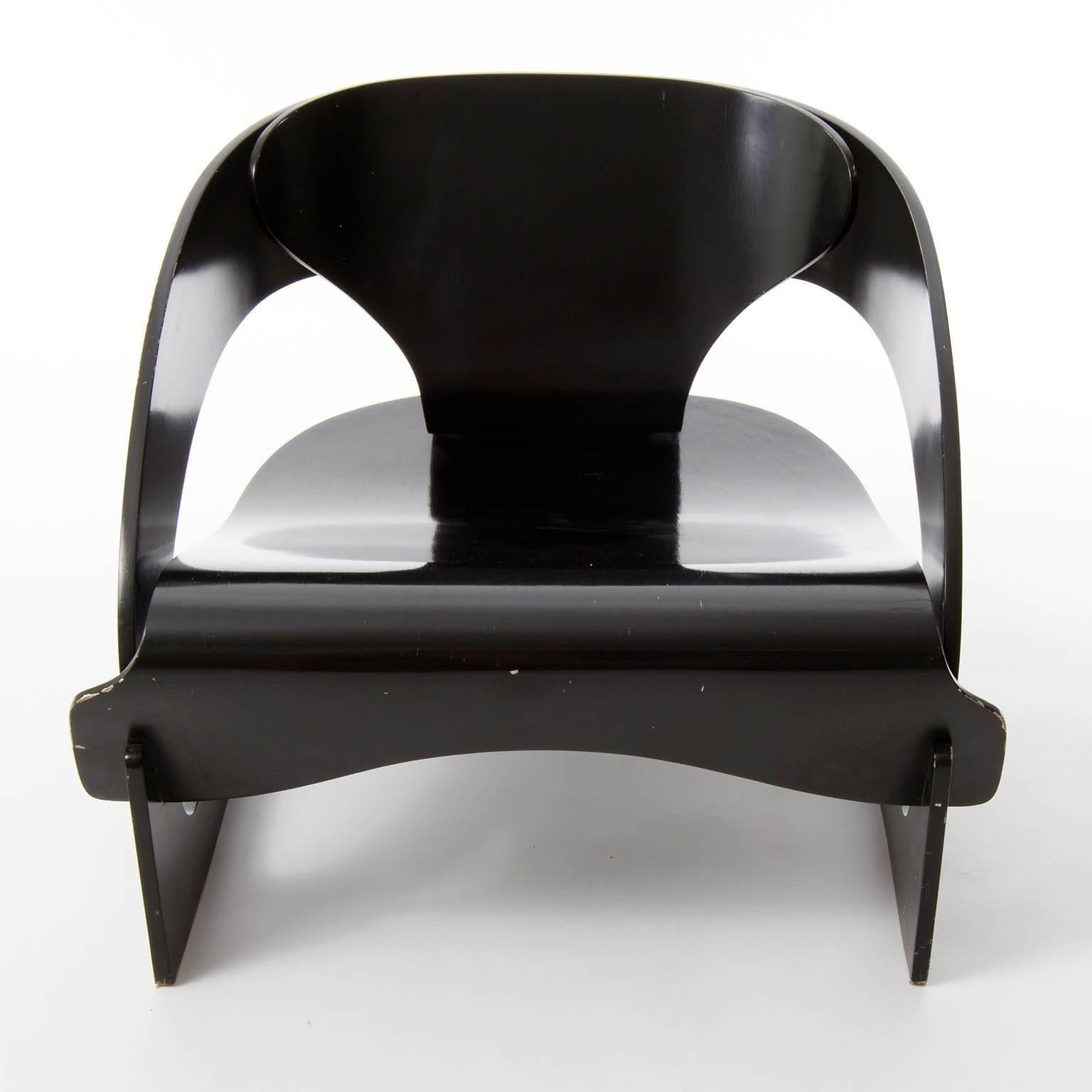 Lacquered Joe Colombo Chair No. 4801, Black Plywood, Kartell, Italy, 1960s, One of Four For Sale