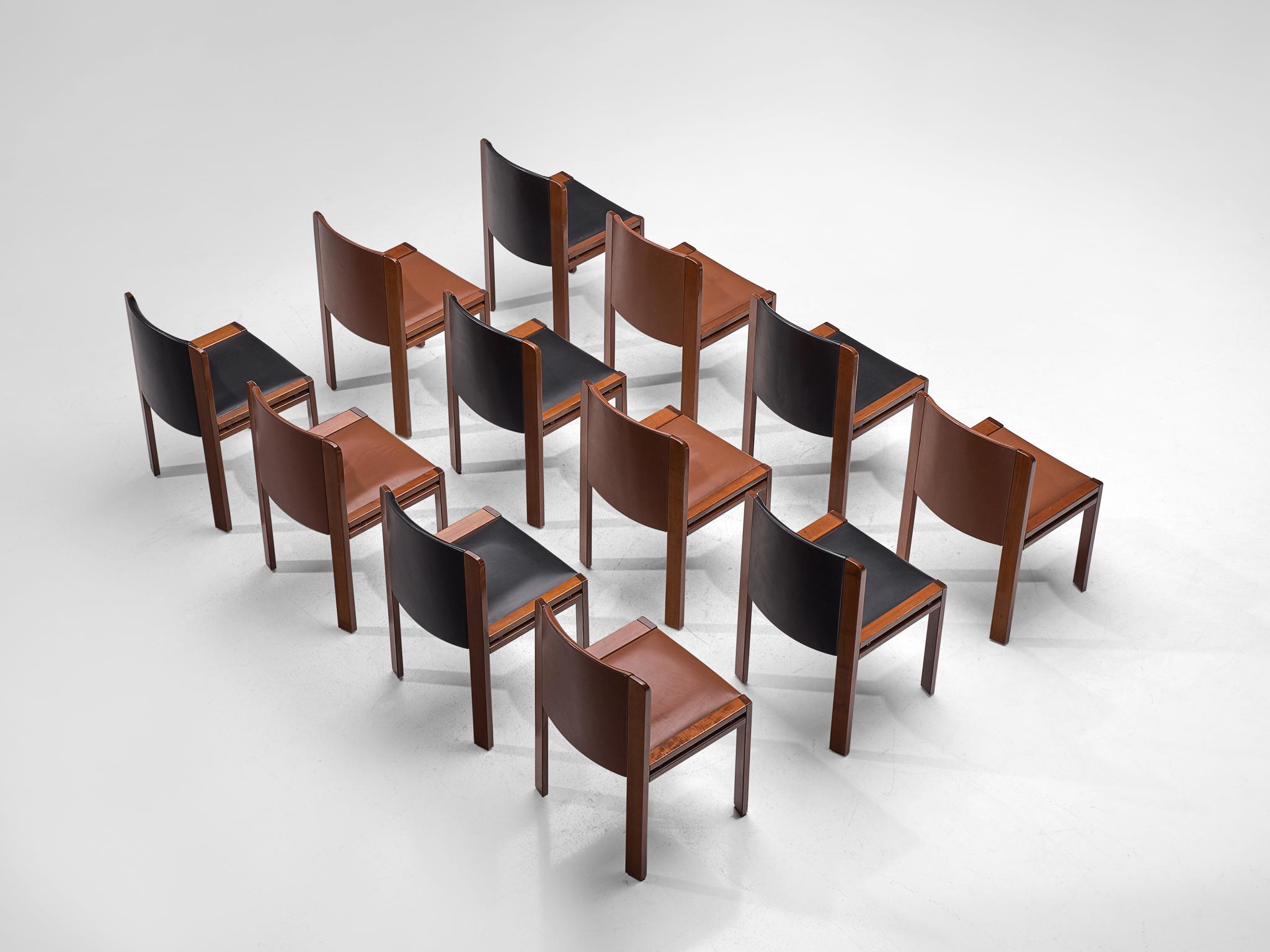 Joe Colombo for Pozzi, 12 dining chairs model '300', leather and oak, Italy, 1966.

This functionalist set of dining chairs is designed by Joe Colombo in 1966. His fascination with functionality meant he always focused on the user, which lead him