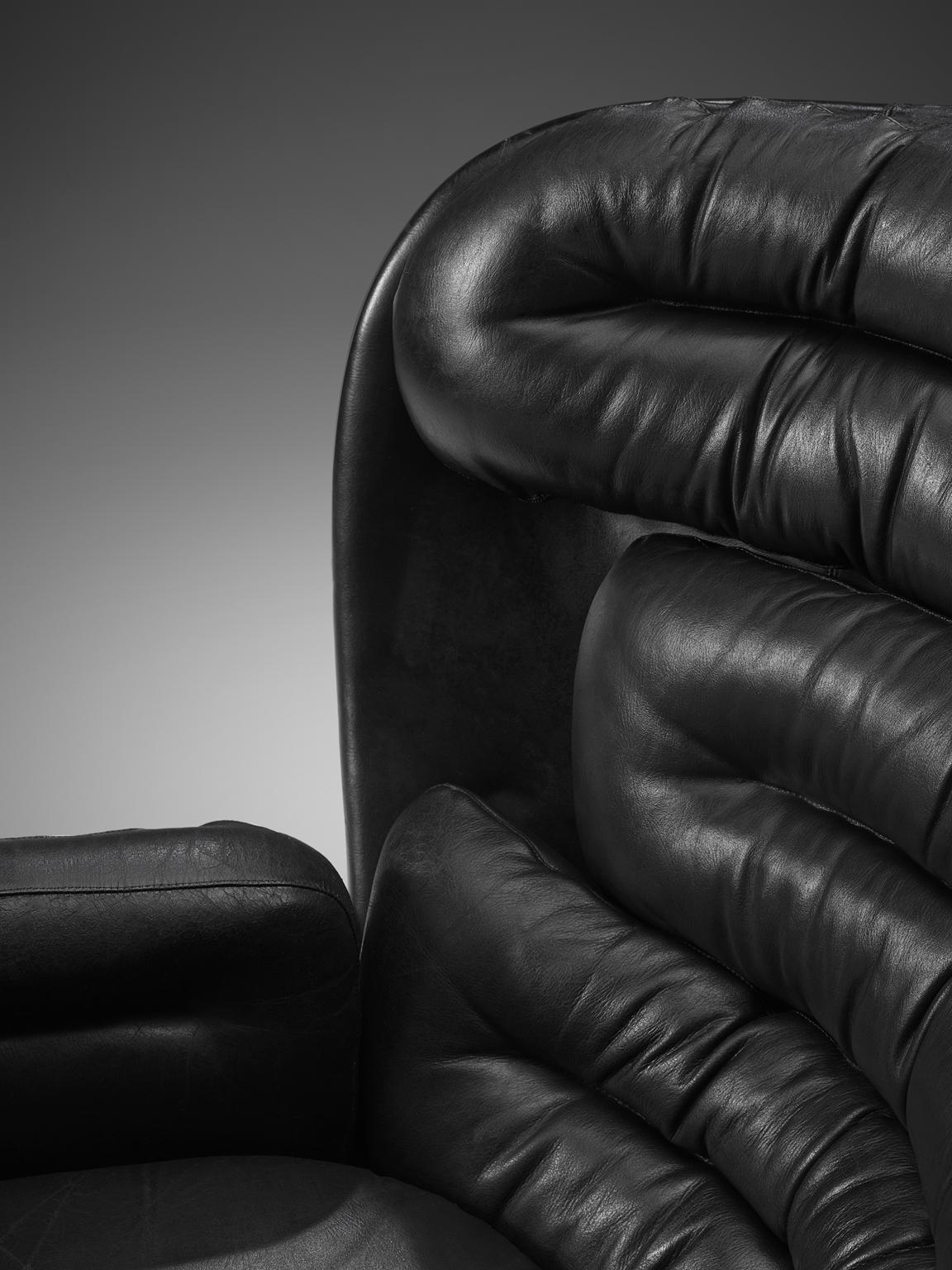 Italian Joe Colombo 'Elda' Black Leather Lounge Chair