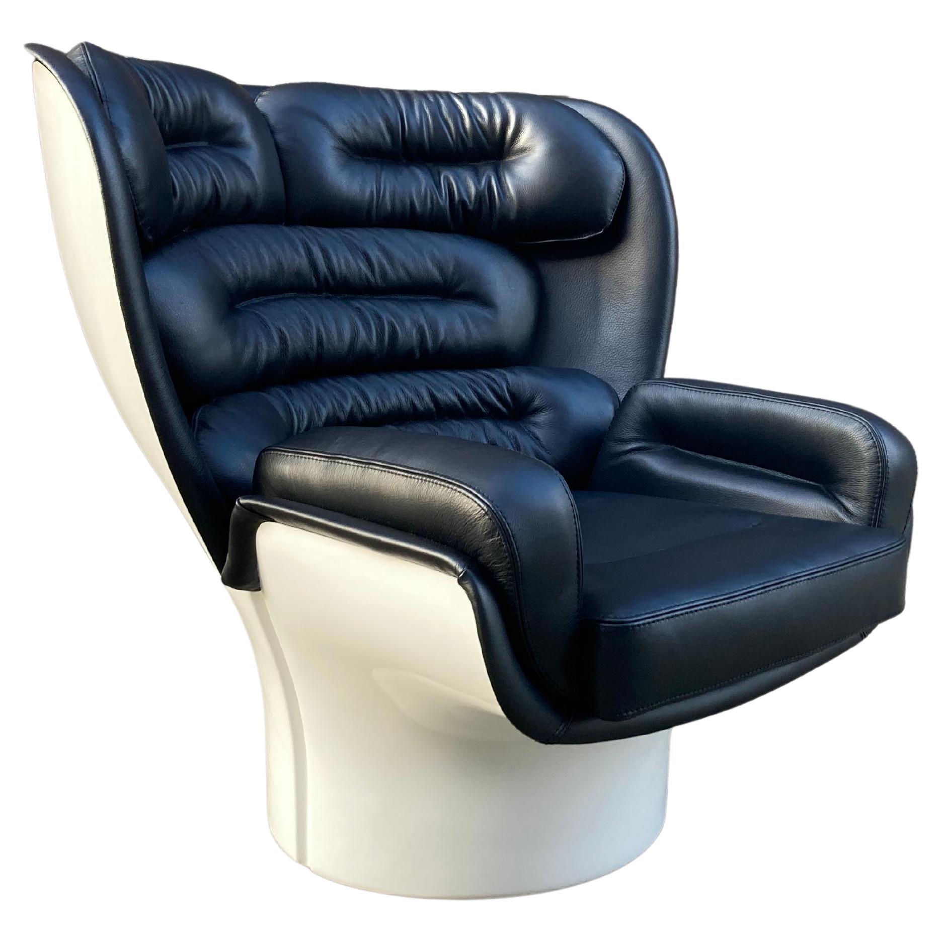 Joe Colombo Elda Chair, Black Leather, White Fiberglass Shell