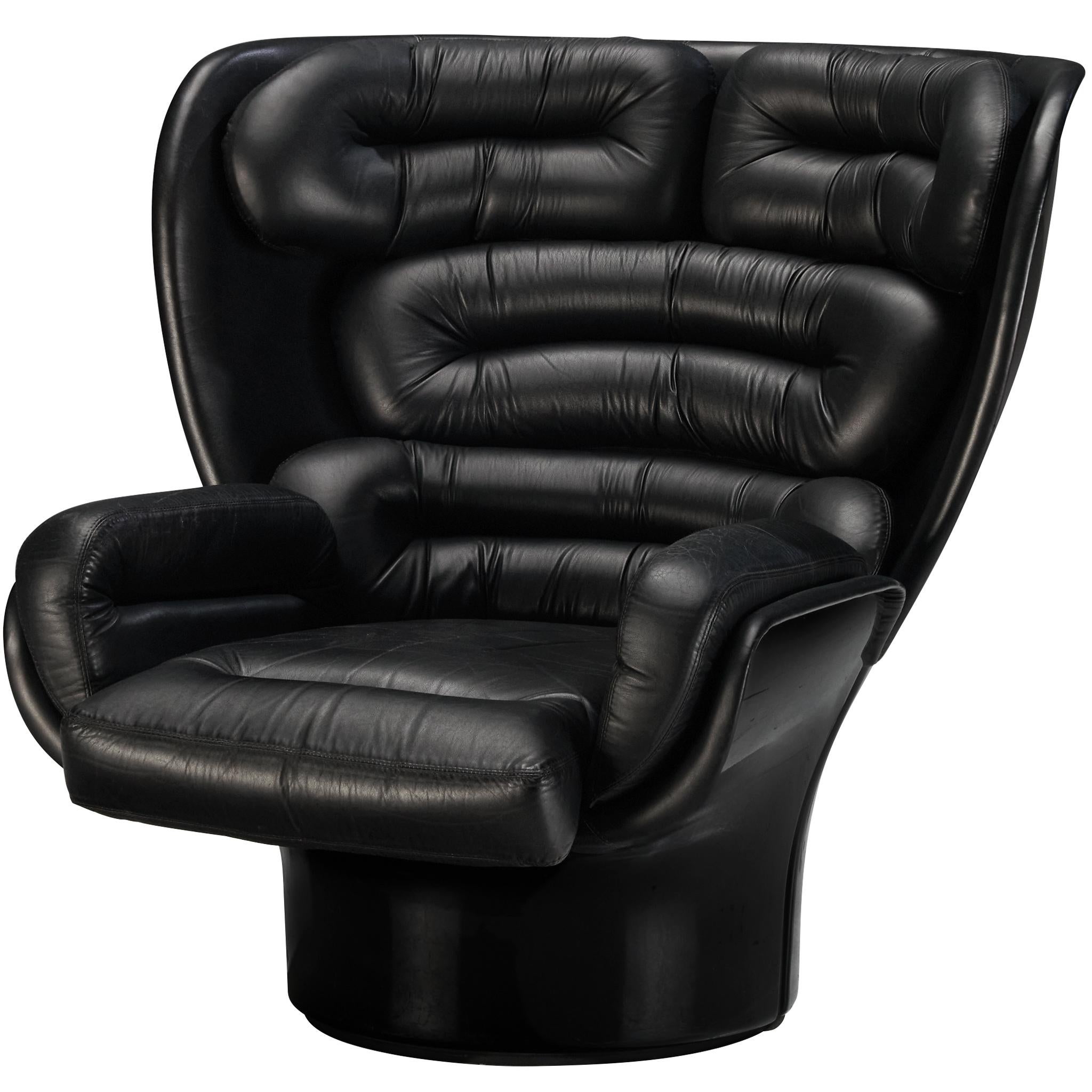 Joe Colombo 'Elda' Lounge Chair in Black Leather and Fiberglass