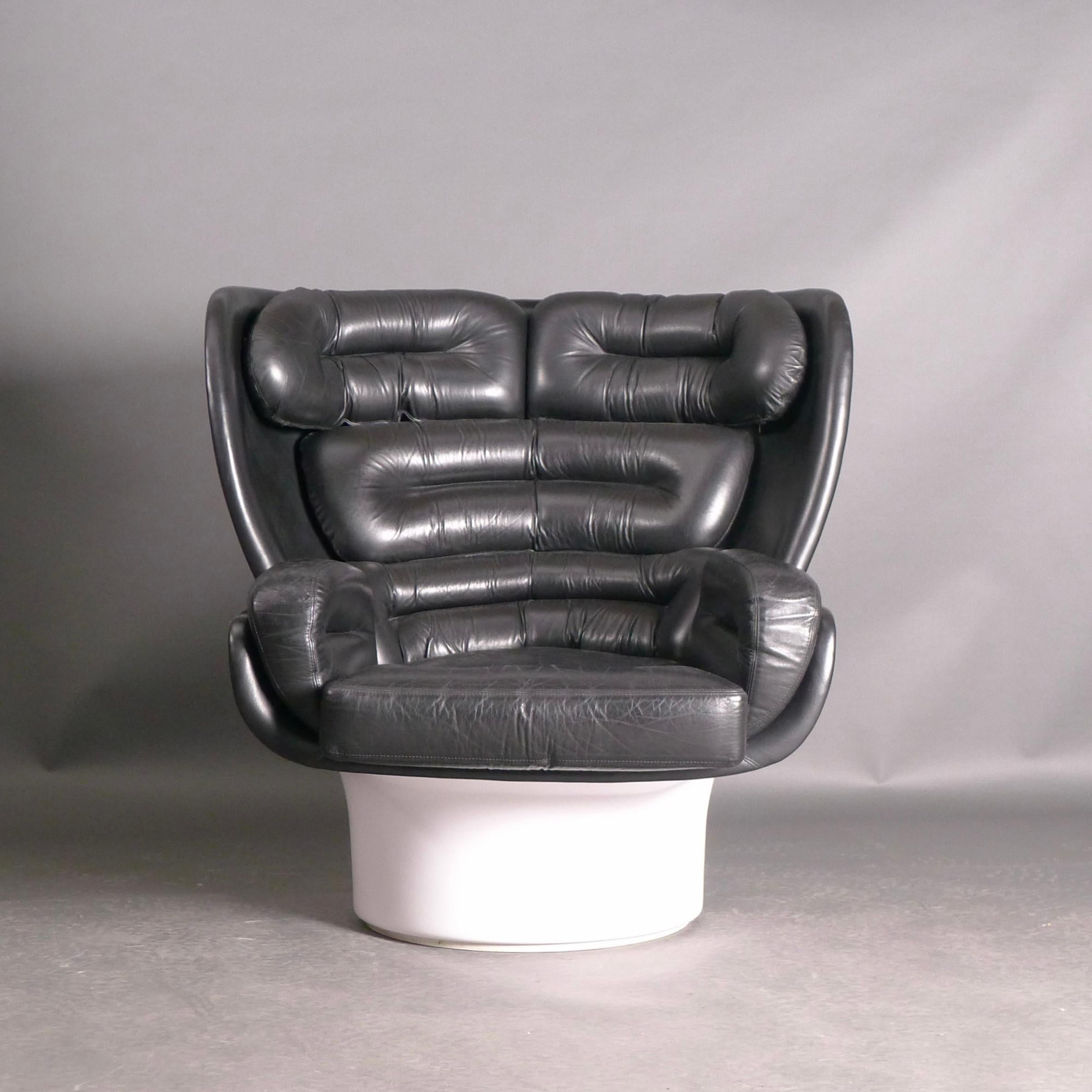 Joe Colombo ‘Elda’ Lounge Chair, Black Leather and White Fibreglass Shell, Produced by Comfort, Italy.
93cm high, 95cm wide, 98cm deep.

The Elda Chair was designed by Joe Colombo in 1965 and named after his wife. He conceived the idea of making a