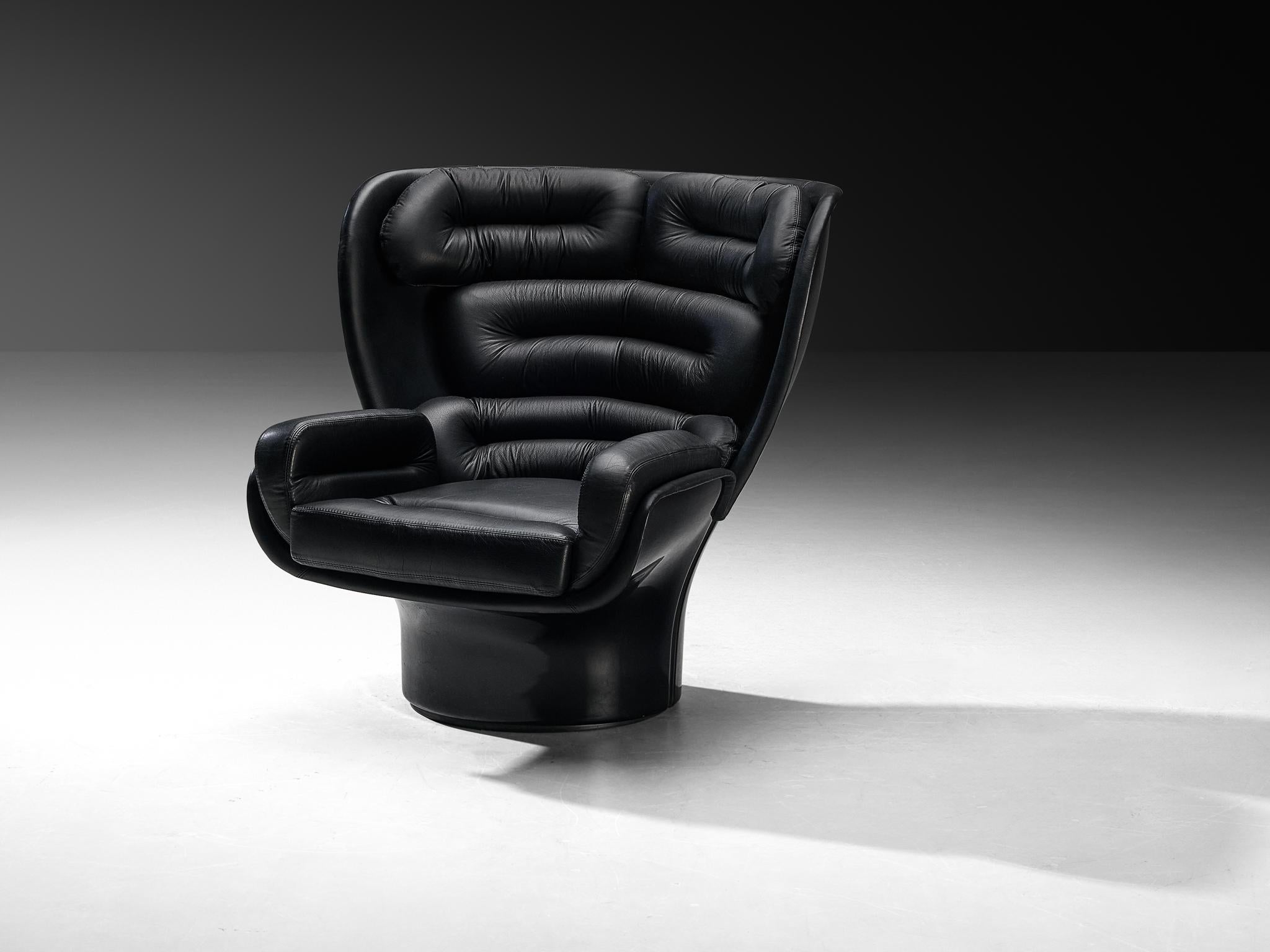 Joe Colombo 'Elda' Swivel Lounge Chair in Black Leather and Fiberglass ...